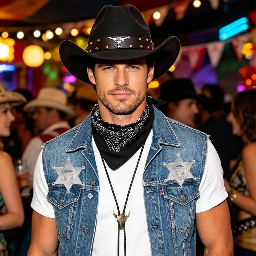 WFKKMEQ Costume da Cowboy, Kit 7 Pezzi con Cappello, Cintura, Fondina, Collana, Bandana e Distintivo - immagine 8