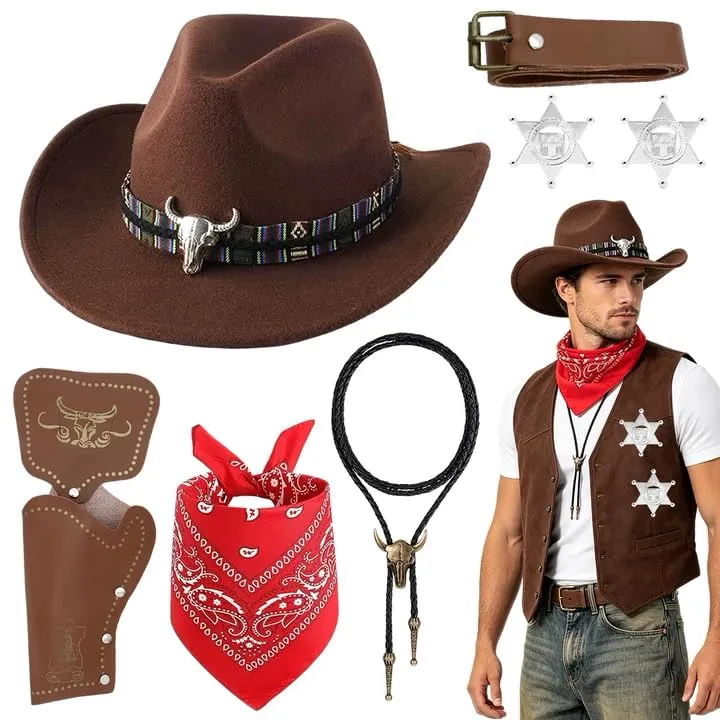 WFKKMEQ Costume da Cowboy, Kit 7 Pezzi con Cappello, Bandana, Cintura, Fondina, Collana e Distintivo - immagine 1