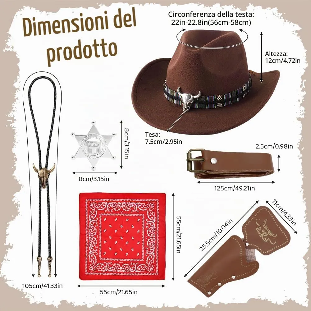 WFKKMEQ Costume da Cowboy, Kit 7 Pezzi con Cappello, Bandana, Cintura, Fondina, Collana e Distintivo - immagine 2