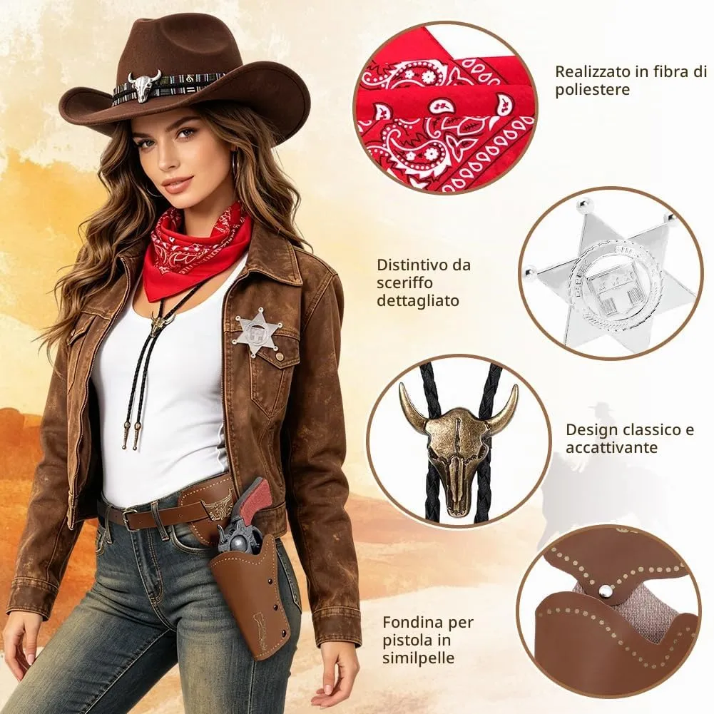 WFKKMEQ Costume da Cowboy, Kit 7 Pezzi con Cappello, Bandana, Cintura, Fondina, Collana e Distintivo - immagine 4