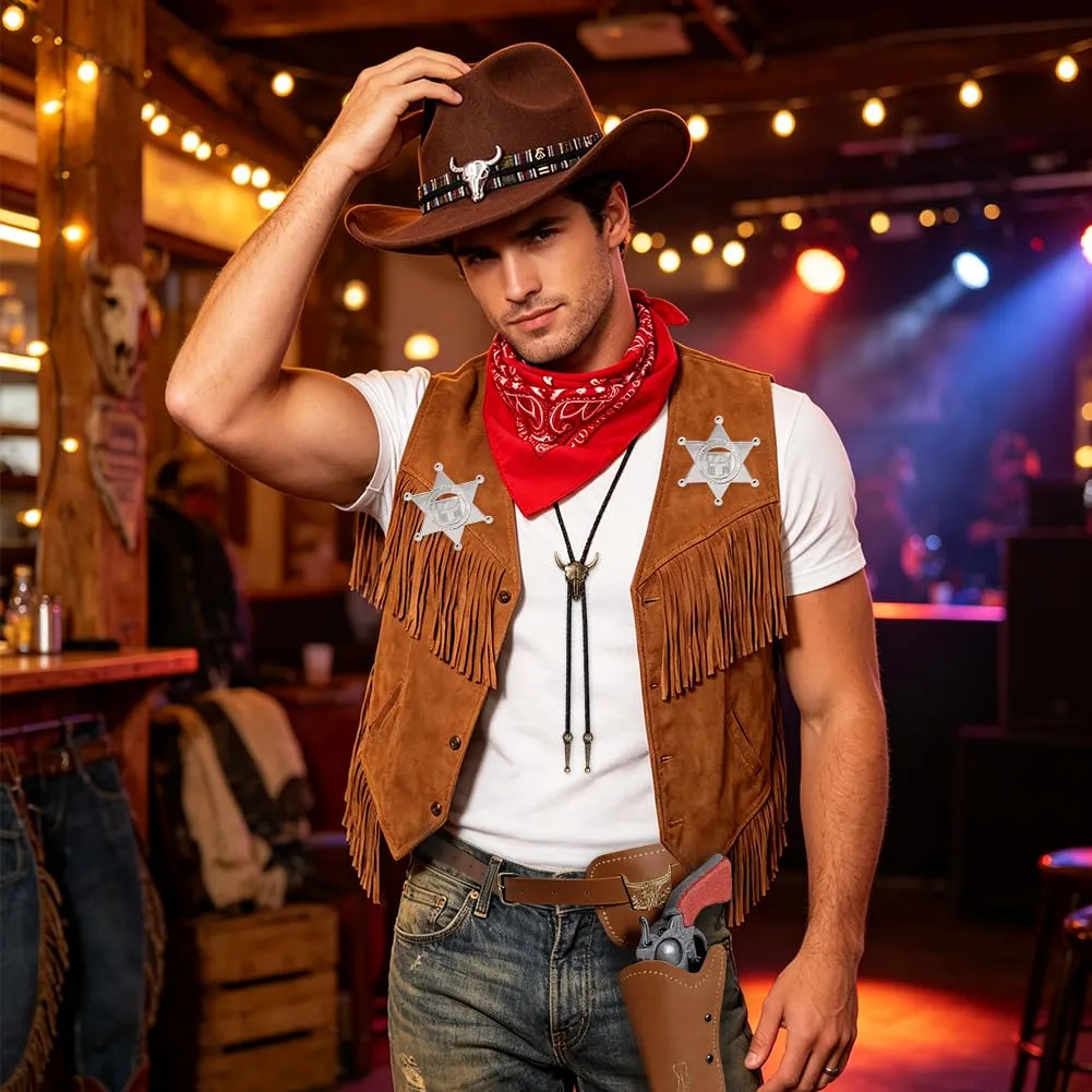 WFKKMEQ Costume da Cowboy, Kit 7 Pezzi con Cappello, Bandana, Cintura, Fondina, Collana e Distintivo - immagine 8