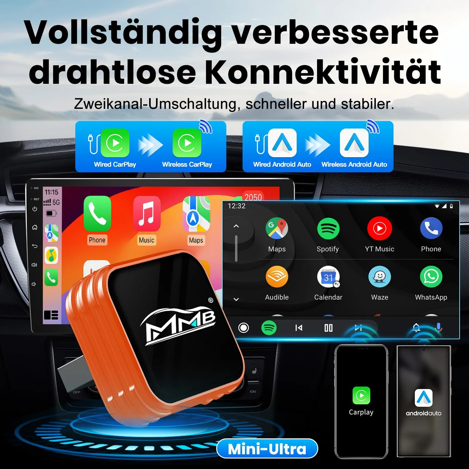 MMB CP-Ultra 2026 Adattatore Wireless CarPlay e Android Auto 2 in 1, Wi-Fi 6, Bluetooth 5.4, Arancione - immagine 2