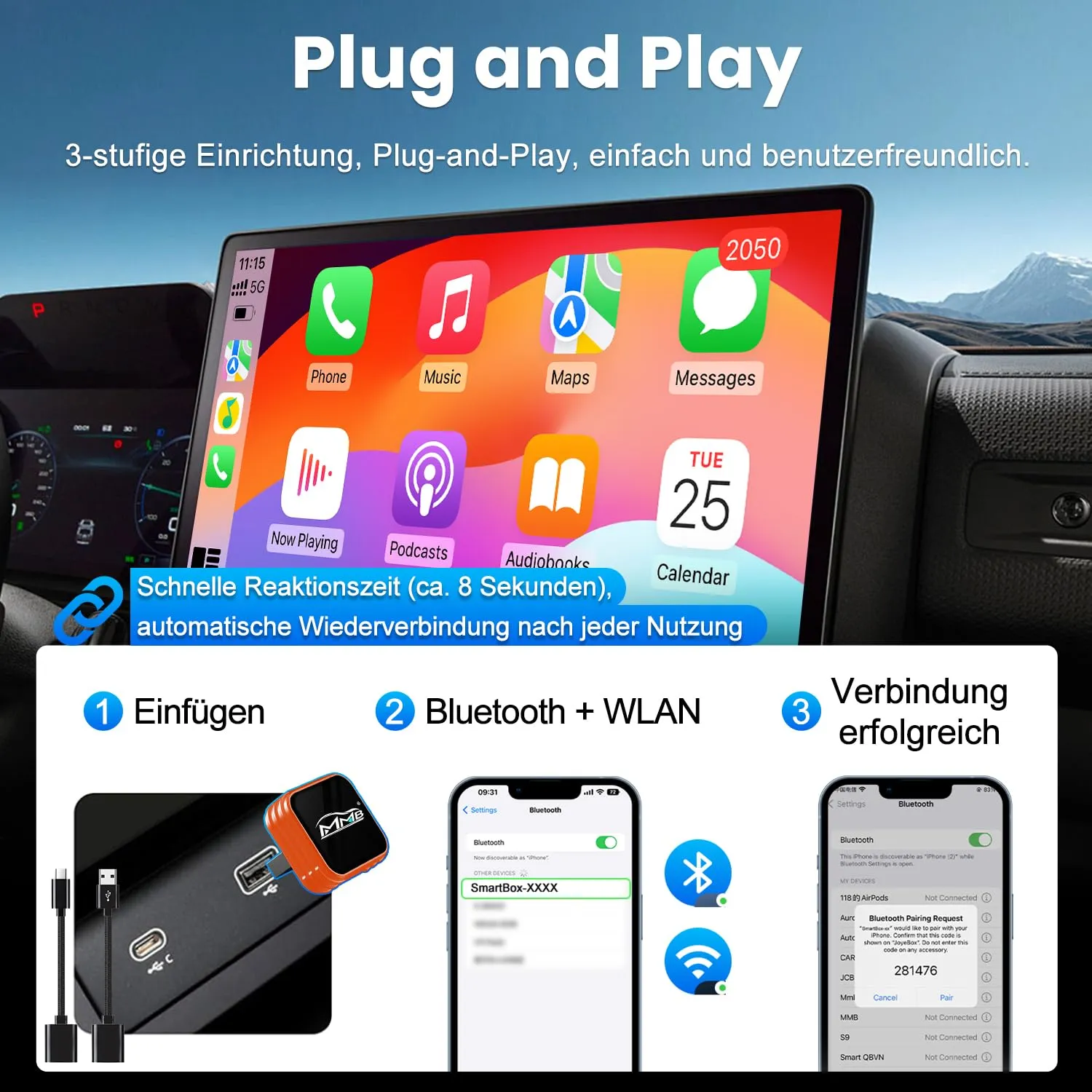 MMB CP-Ultra 2026 Adattatore Wireless CarPlay e Android Auto 2 in 1, Wi-Fi 6, Bluetooth 5.4, Arancione - immagine 3