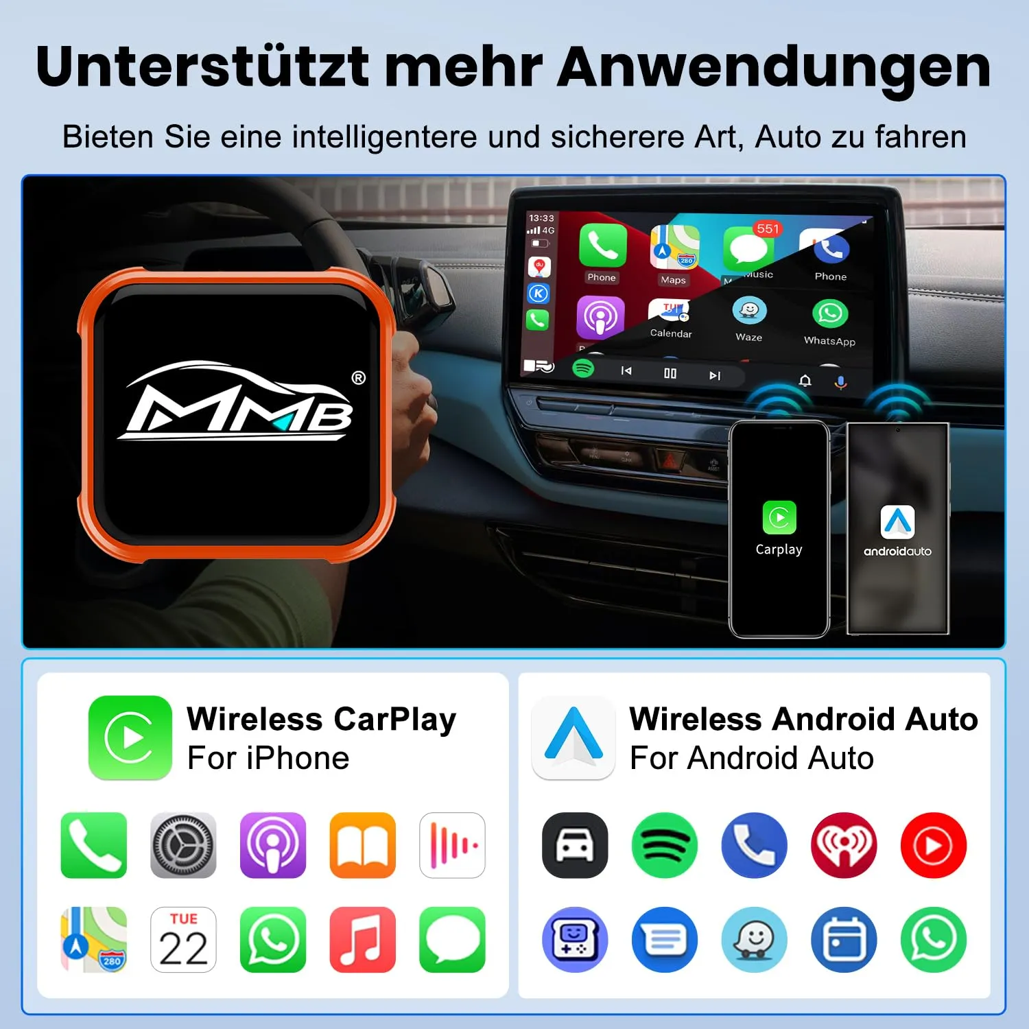 MMB CP-Ultra 2026 Adattatore Wireless CarPlay e Android Auto 2 in 1, Wi-Fi 6, Bluetooth 5.4, Arancione - immagine 4