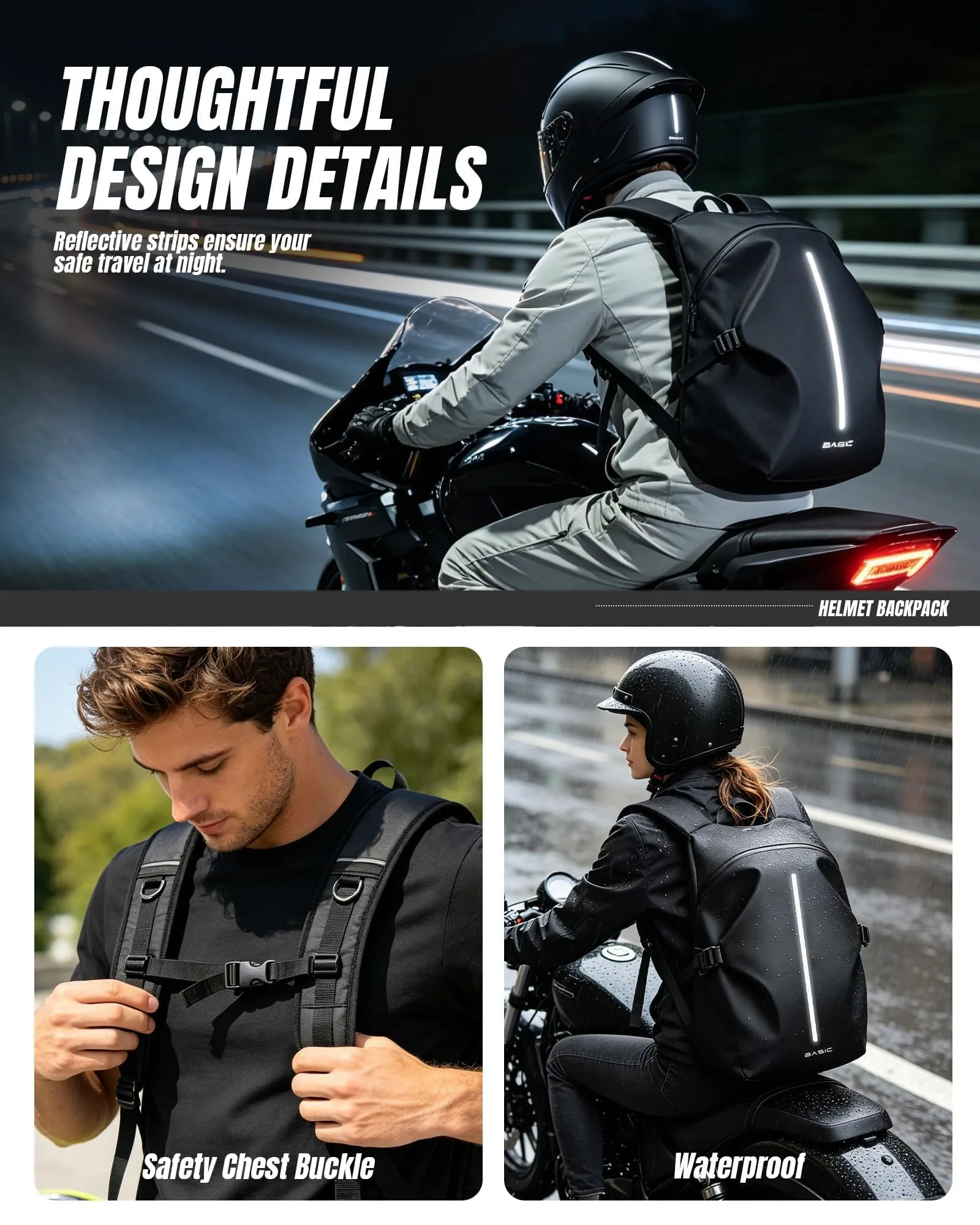 HYC00 Zaino Moto Impermeabile Riflettente per Casco, Nero - immagine 5