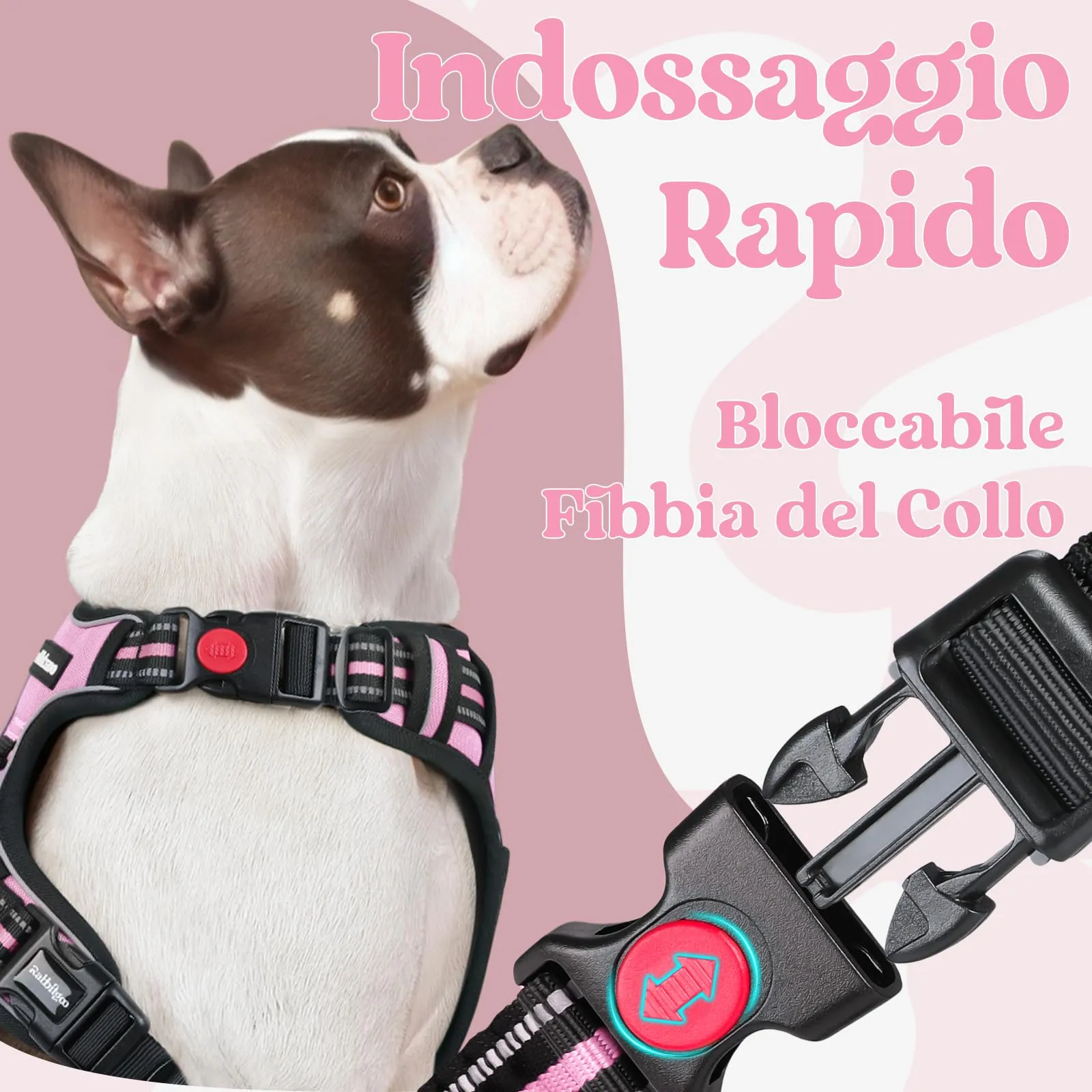 rabbitgoo Pettorina Cane Antifuga ad H con Maniglia e Bande Riflettenti, Rosa, M - immagine 3