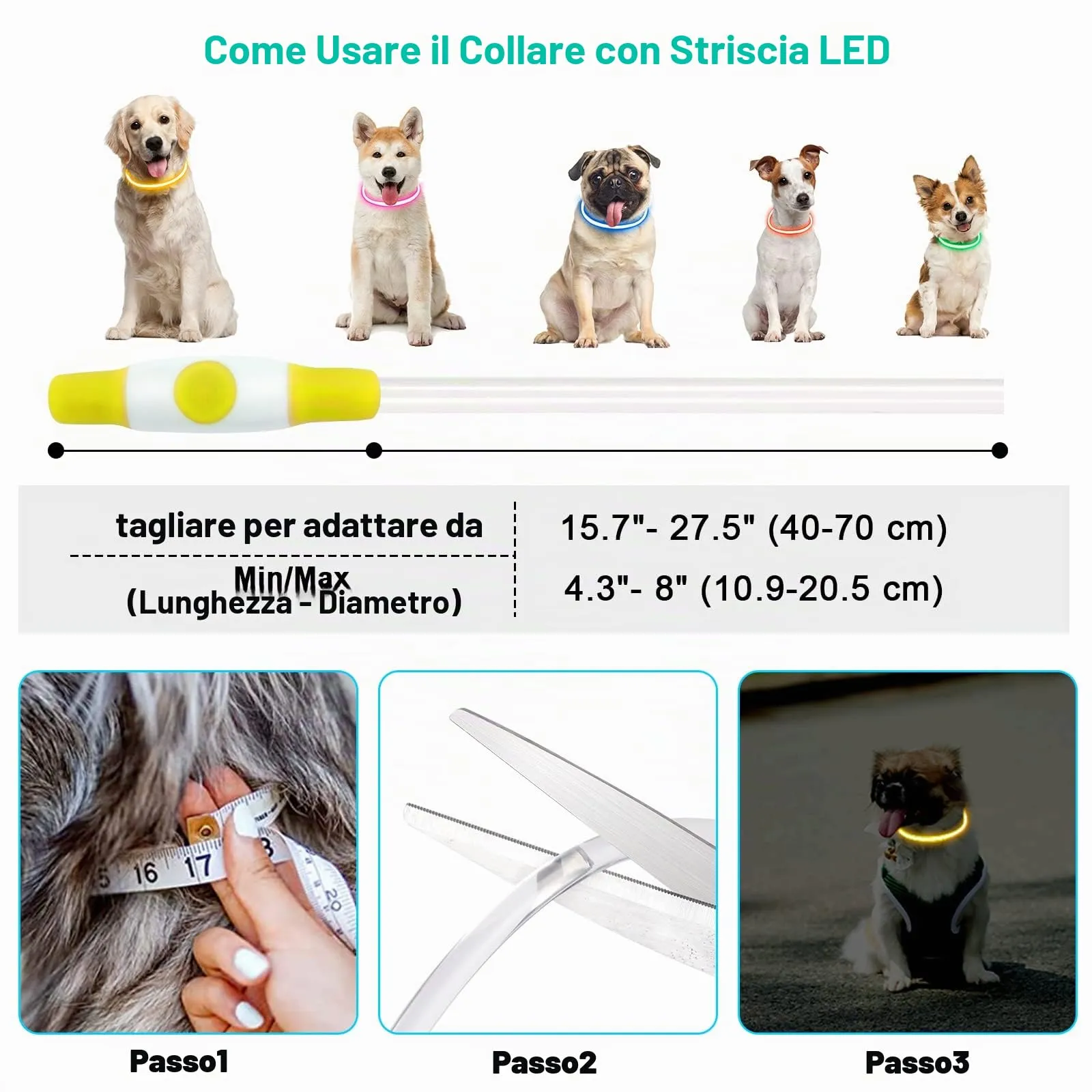 AUAUY Collare Luminoso per Cani LED Ricaricabile USB, Regolabile, Giallo - immagine 3