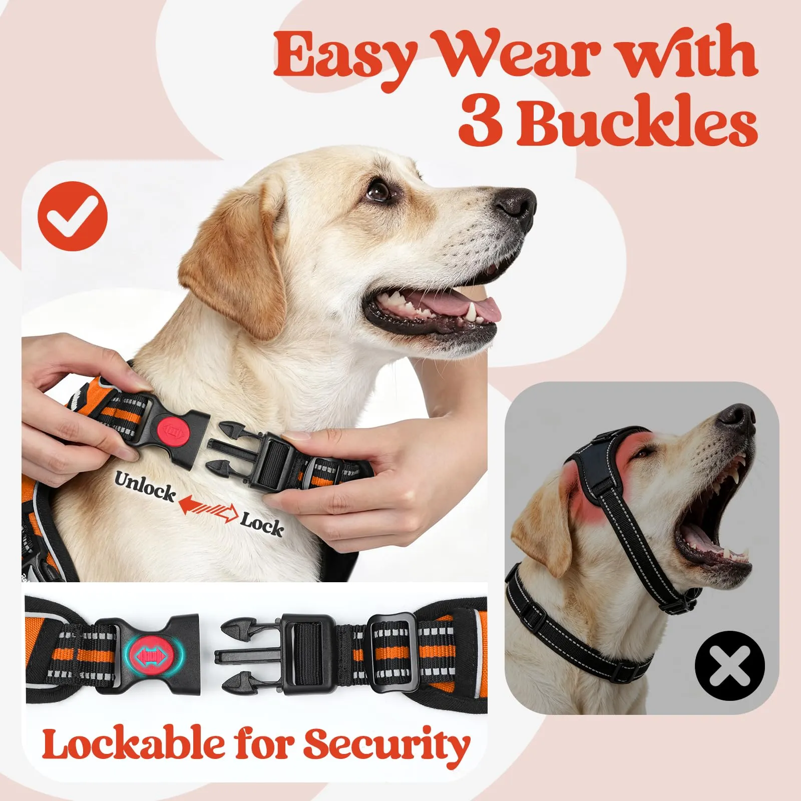 rabbitgoo Pettorina Cane Antifuga ad H con Maniglia e Bande Riflettenti, Arancio, M - immagine 3
