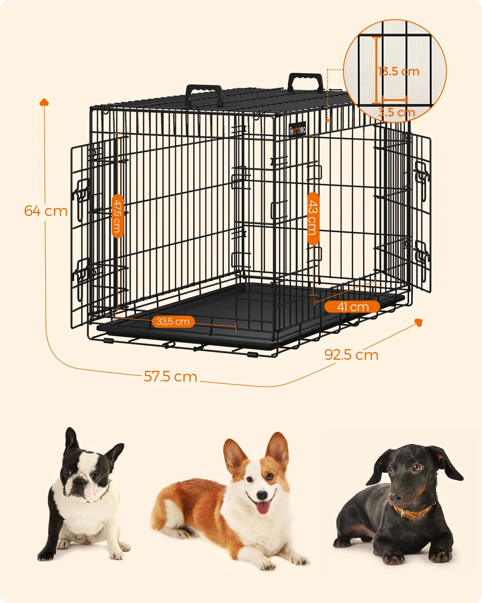 Feandrea Gabbia per Cani Pieghevole con 2 Porte, Divisorio e Vassoio Rimovibile, 92,5 x 57,5 x 64 cm, L, Nero PPD36BK - immagine 6