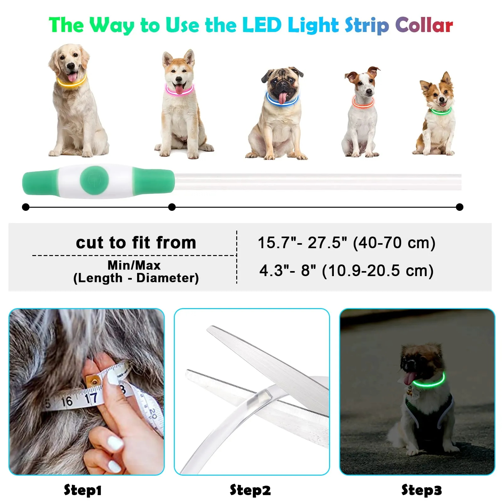 AUAUY Collare Luminoso per Cani LED Ricaricabile USB, Regolabile, Verde - immagine 3