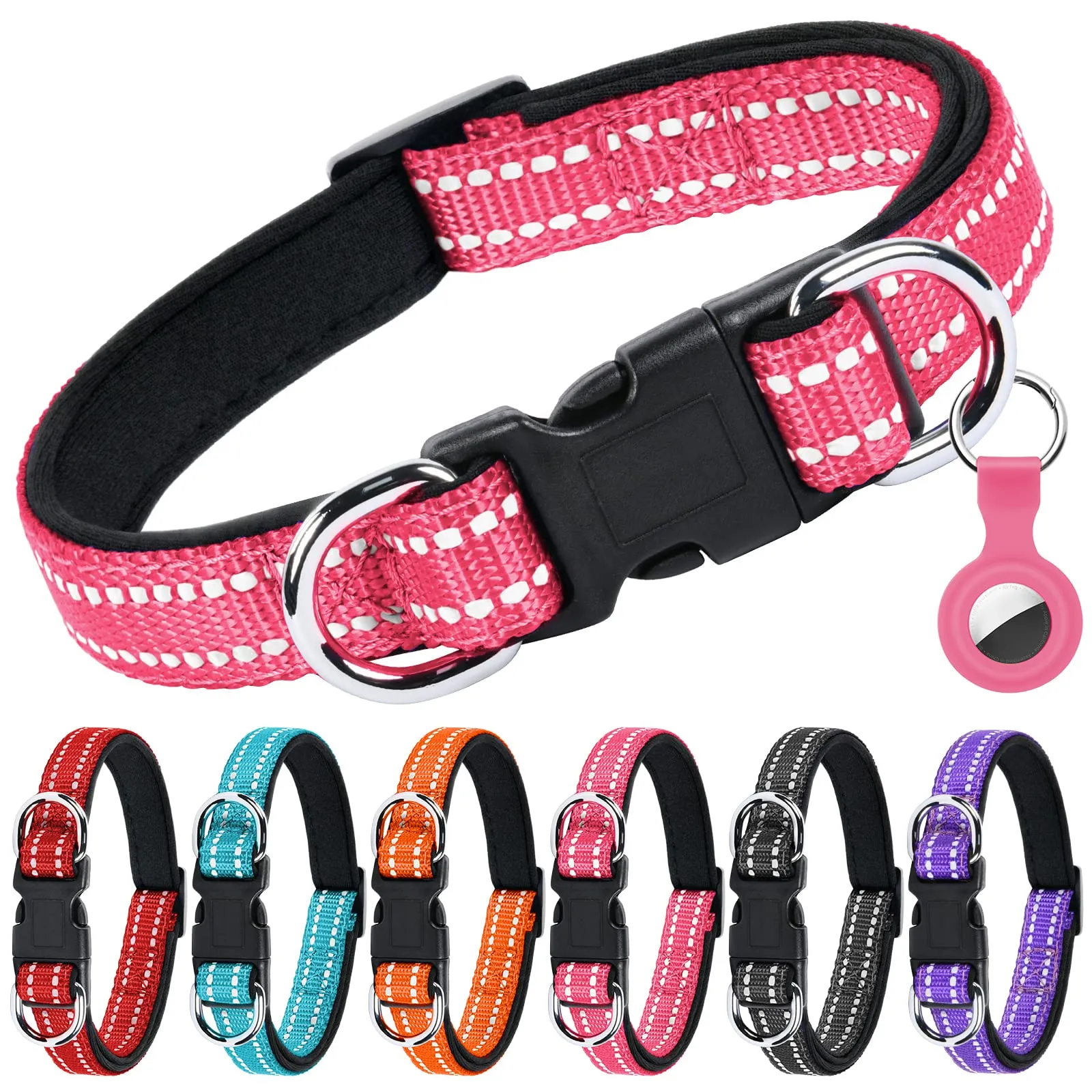 AUAUY Collare per Cane in Nylon Riflettente Regolabile con Doppia D, Rossa, M - immagine 1