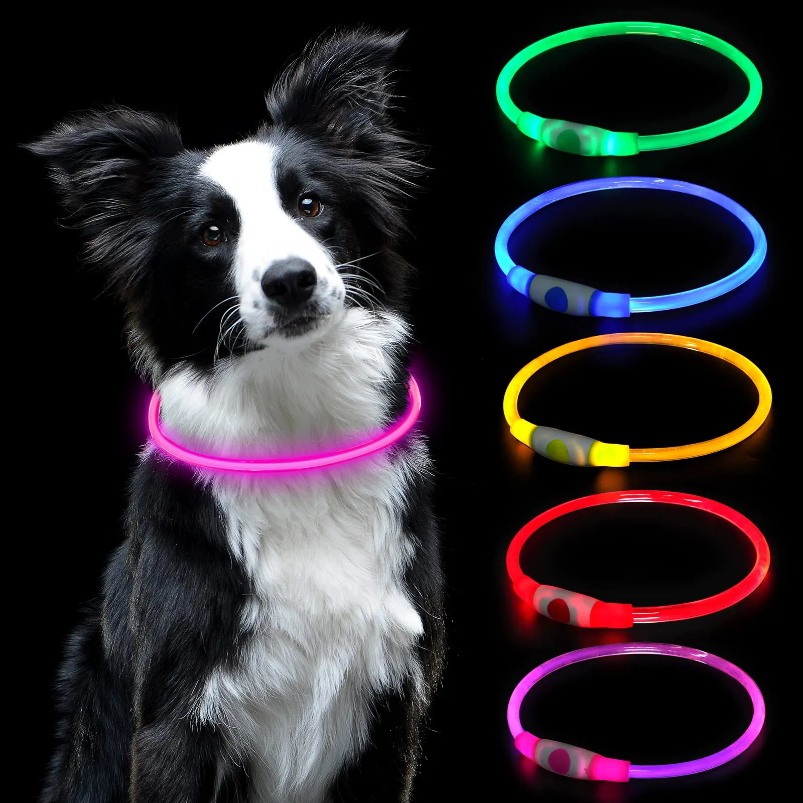 AUAUY Collare Luminoso LED per Cani, Ricaricabile USB, Regolabile, Rosa - immagine 1