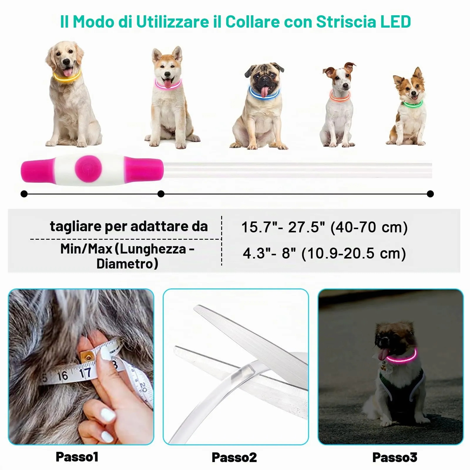 AUAUY Collare Luminoso LED per Cani, Ricaricabile USB, Regolabile, Rosa - immagine 3