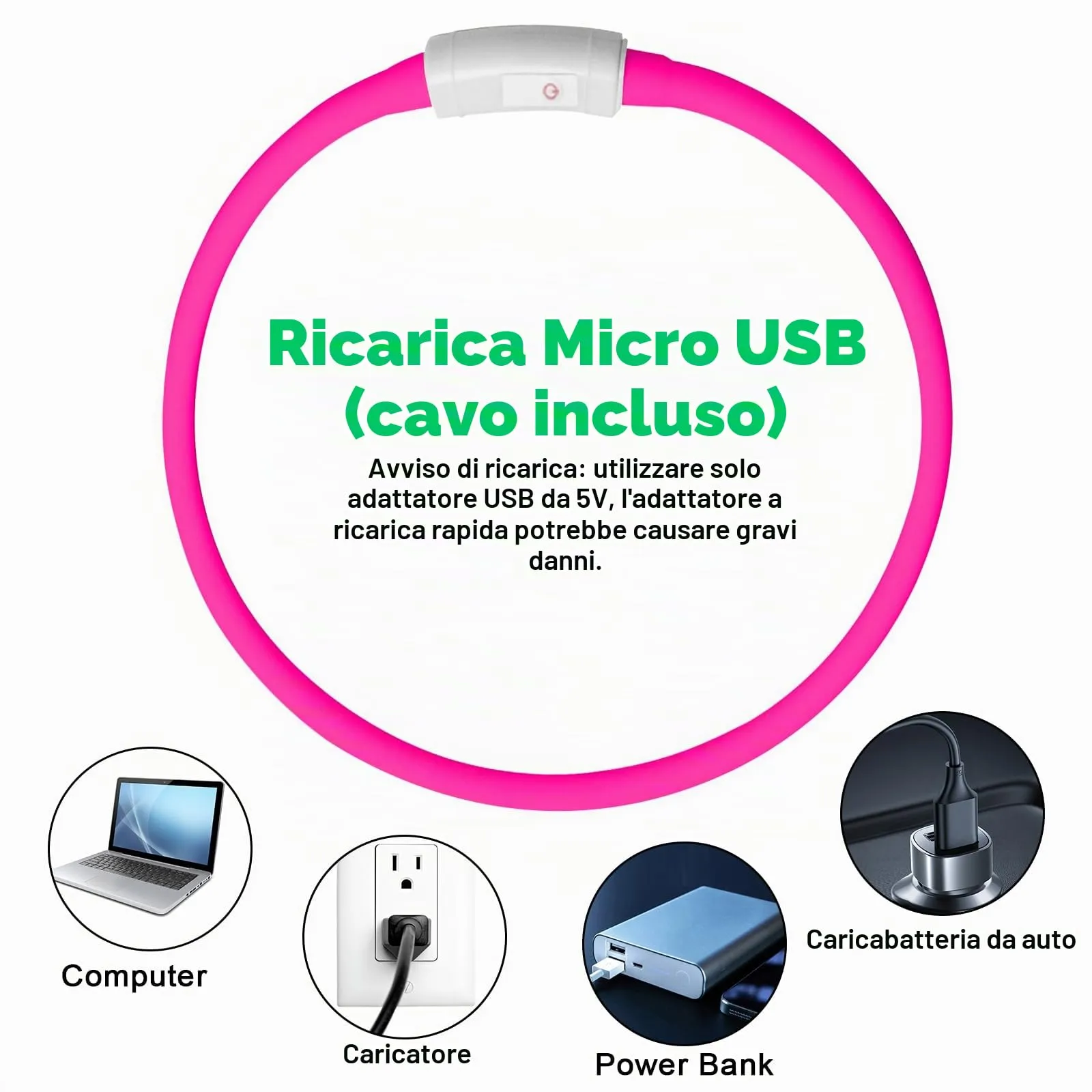 AUAUY Collare Luminoso LED per Cani, Ricaricabile USB, Regolabile, Rosa - immagine 5