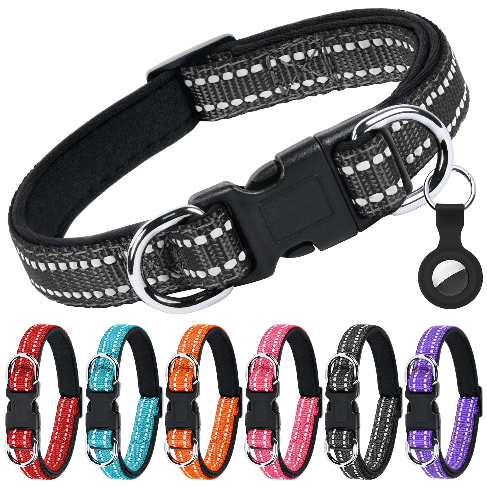 AUAUY Collare Cane in Nylon Riflettente Regolabile con Doppia D, Nero, L - immagine 1
