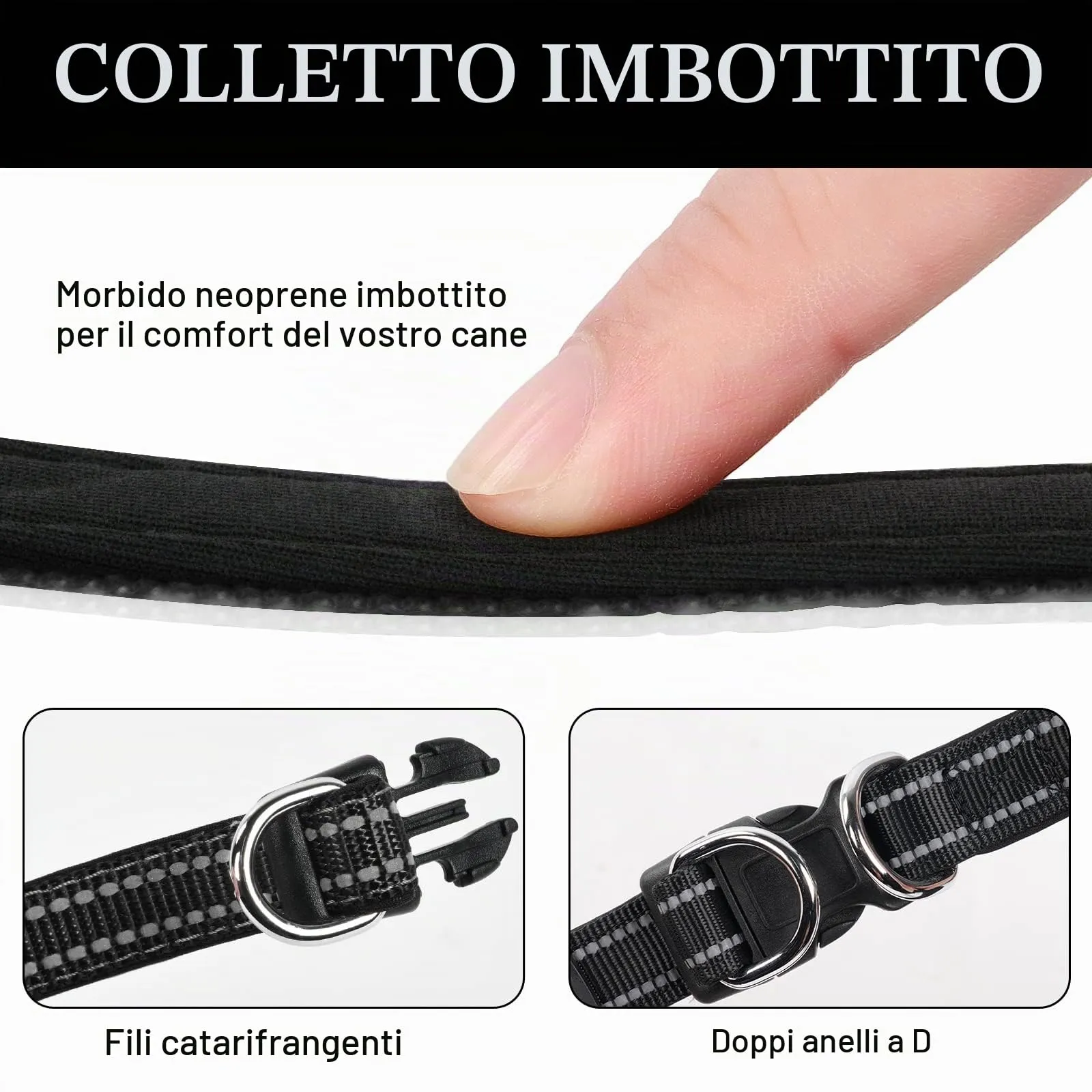 AUAUY Collare Cane in Nylon Riflettente Regolabile con Doppia D, Nero, L - immagine 3