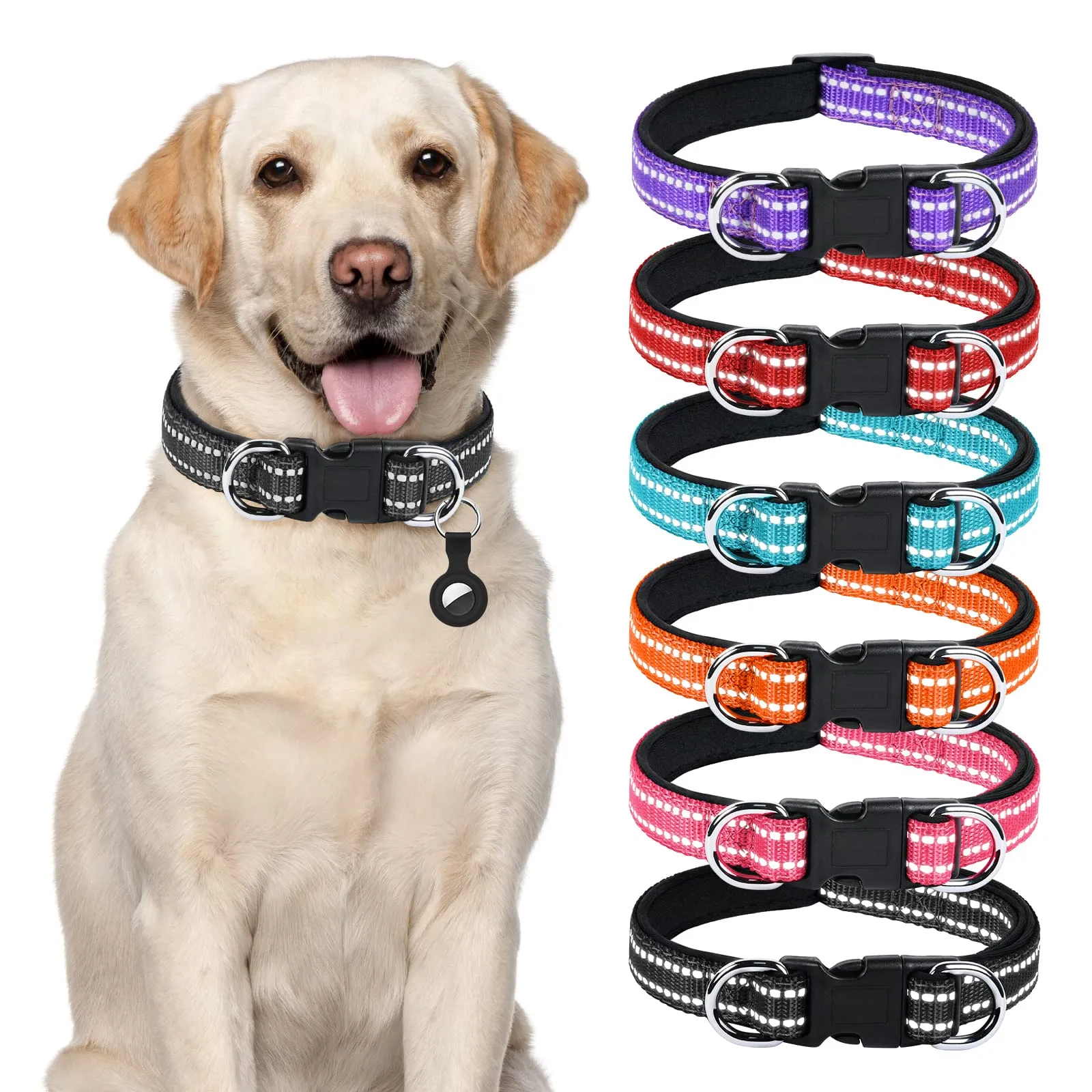 AUAUY Collare Cane in Nylon Riflettente Regolabile con Doppia D, Nero, L - immagine 8