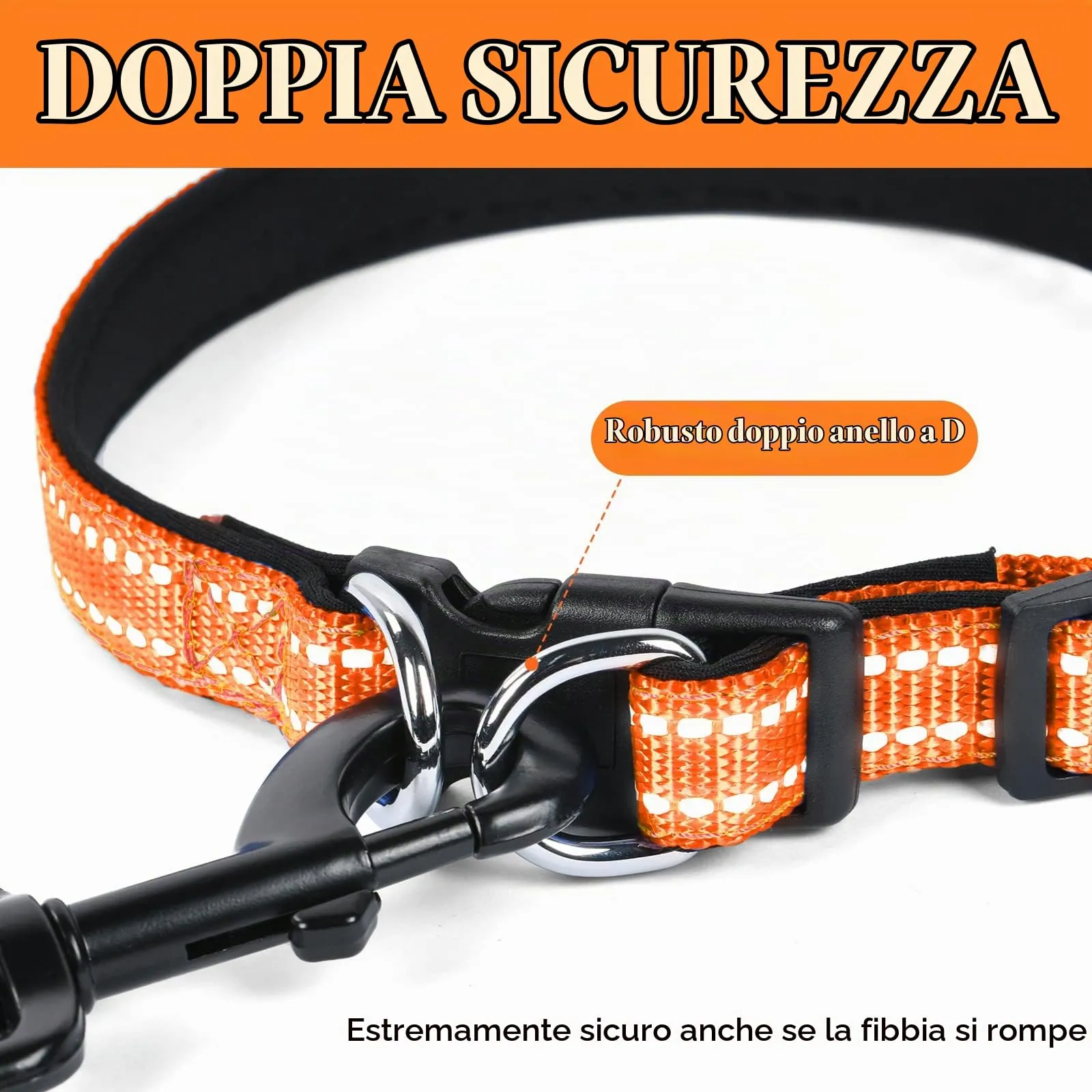 AUAUY Collare Cane in Nylon Riflettente Regolabile con Doppia D, Arancia, L - immagine 4