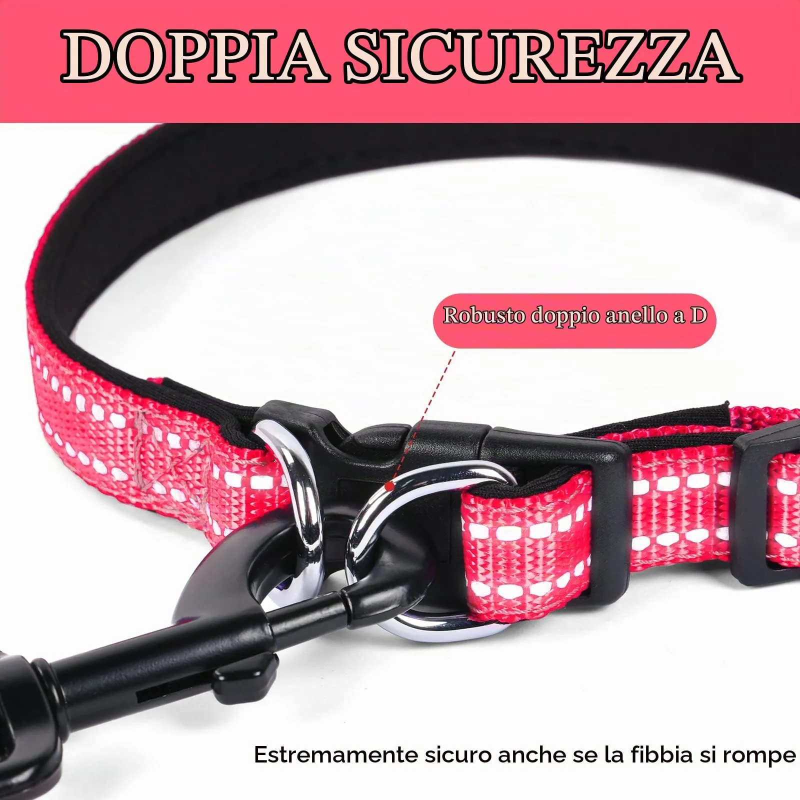 AUAUY Collare Cane in Nylon Riflettente Regolabile con Doppia D, Rossa, L - immagine 4