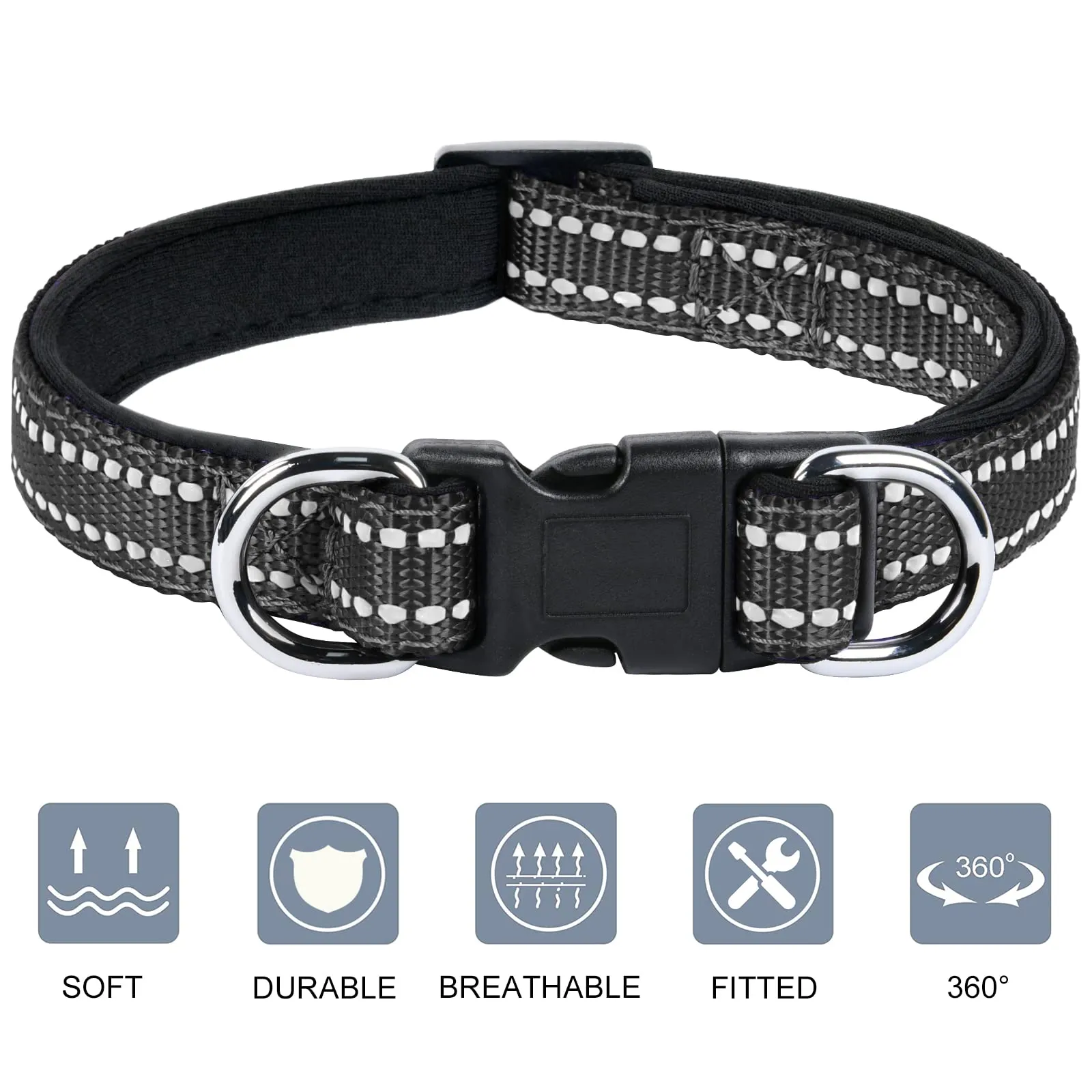 AUAUY Collare Cane in Nylon Riflettente, Regolabile, Doppia D, Nero, S - immagine 4
