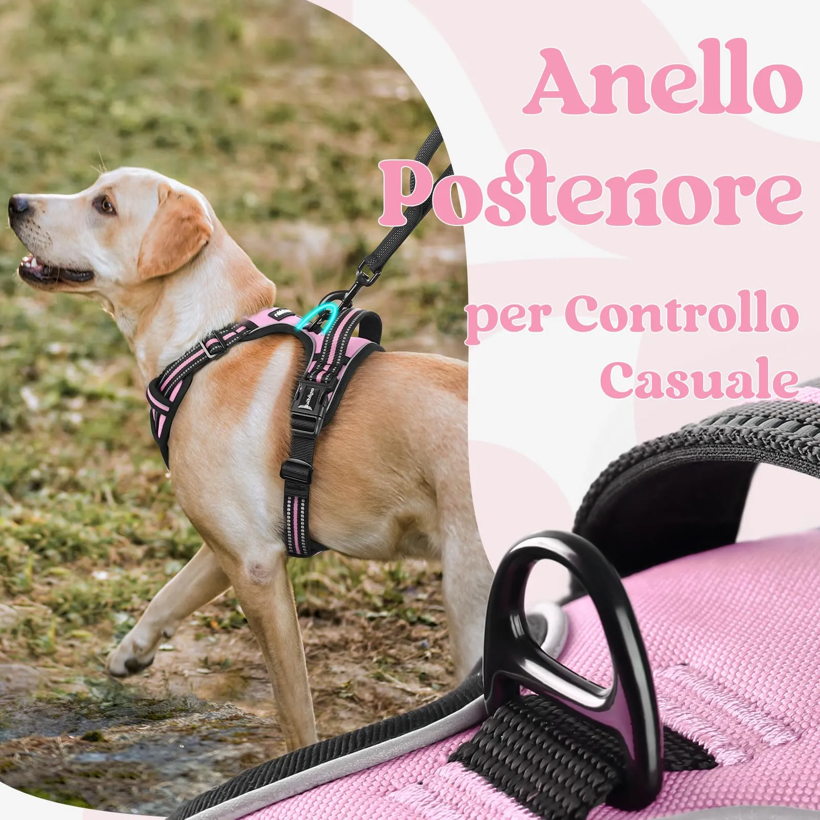 rabbitgoo Pettorina Cane Antifuga ad H con Maniglia e Bande Riflettenti, Rosa, XL - immagine 6