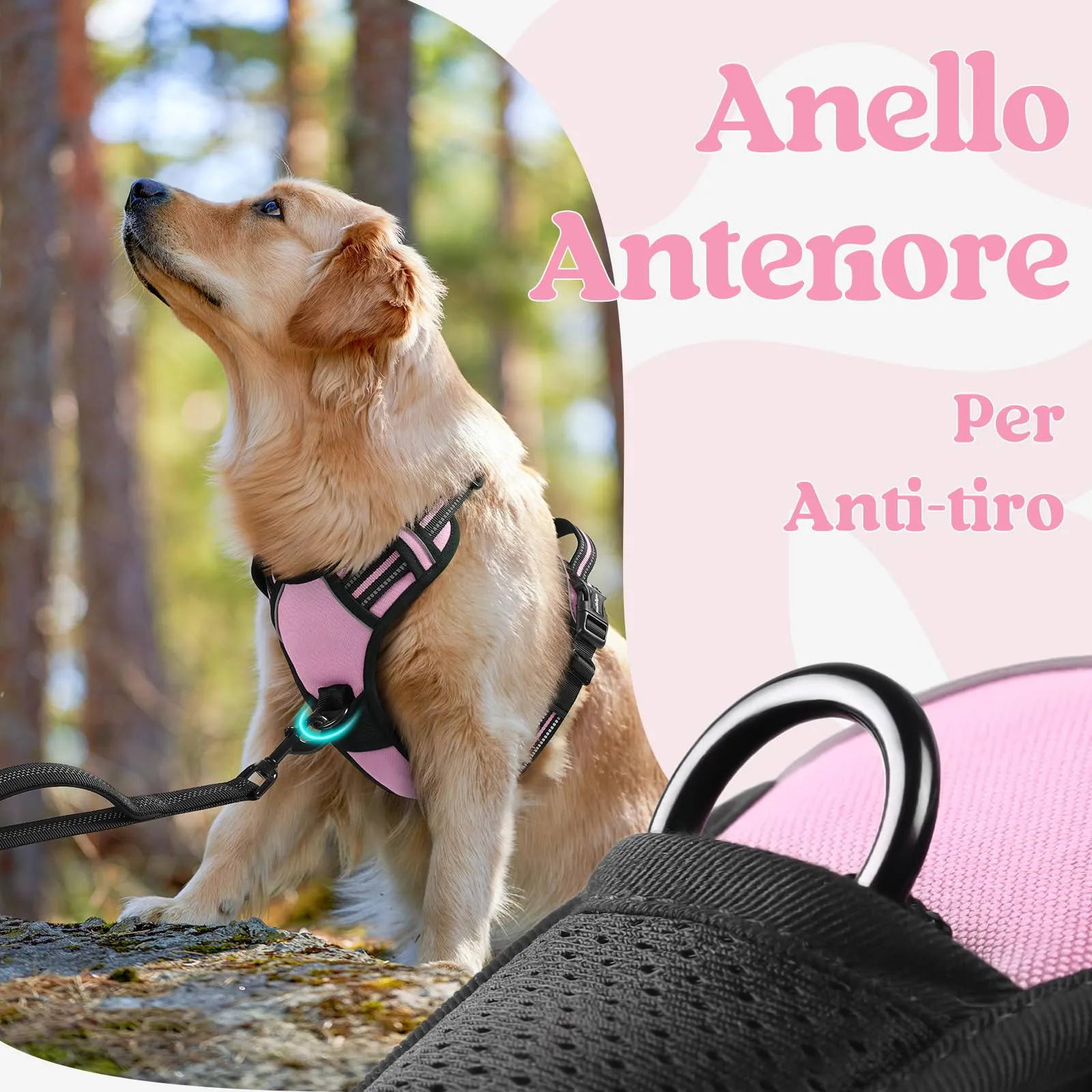 rabbitgoo Pettorina Cane Antifuga ad H con Maniglia e Bande Riflettenti, Rosa, XL - immagine 7