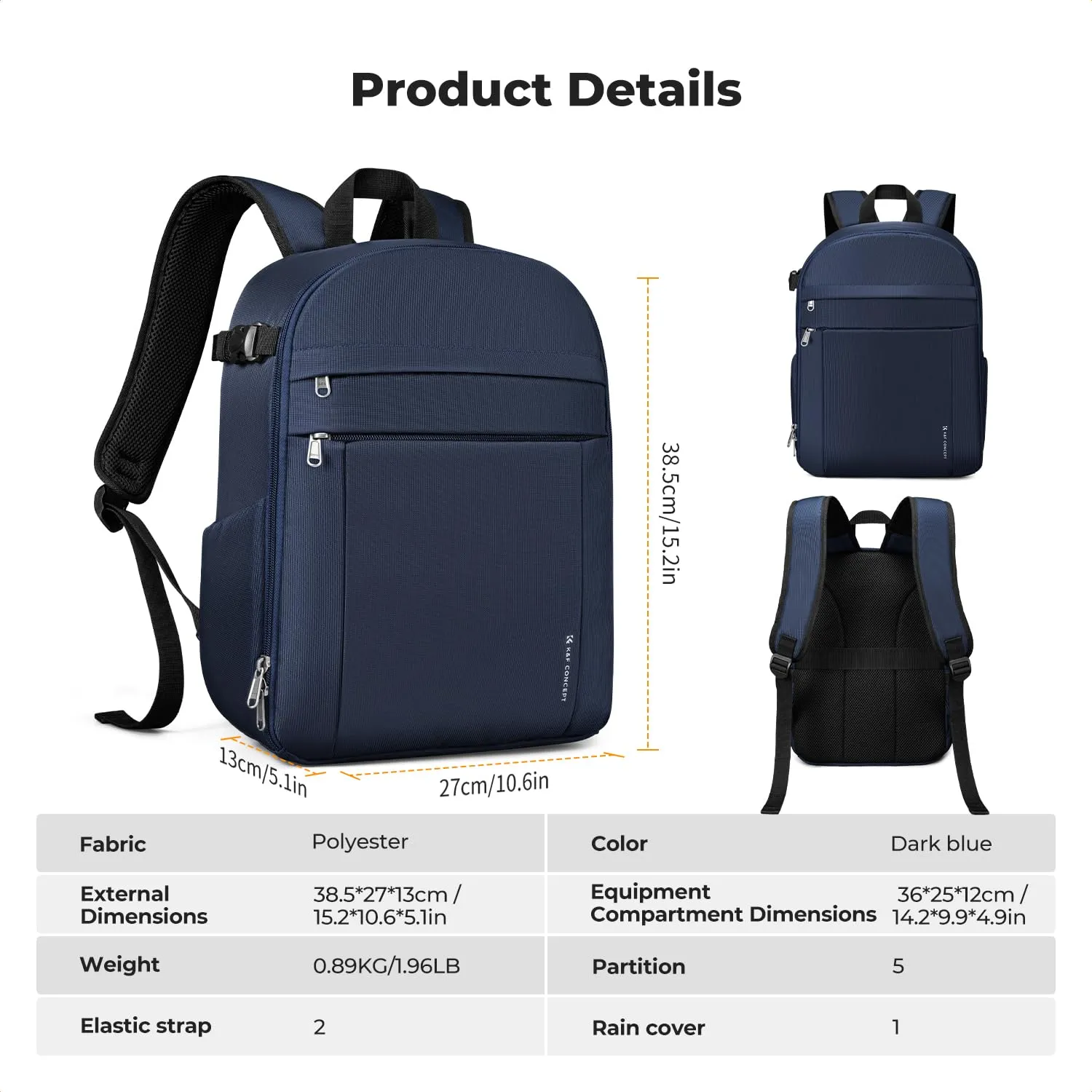 K&F CONCEPT Zaino Foto Compatto 13L Parapioggia Impermeabile - Blu Scuro - immagine 3