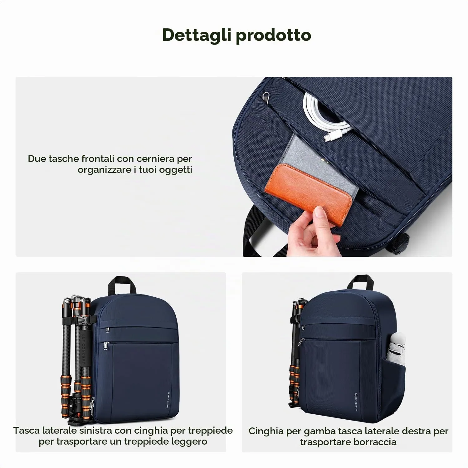 K&F CONCEPT Zaino Foto Compatto 13L Parapioggia Impermeabile - Blu Scuro - immagine 4