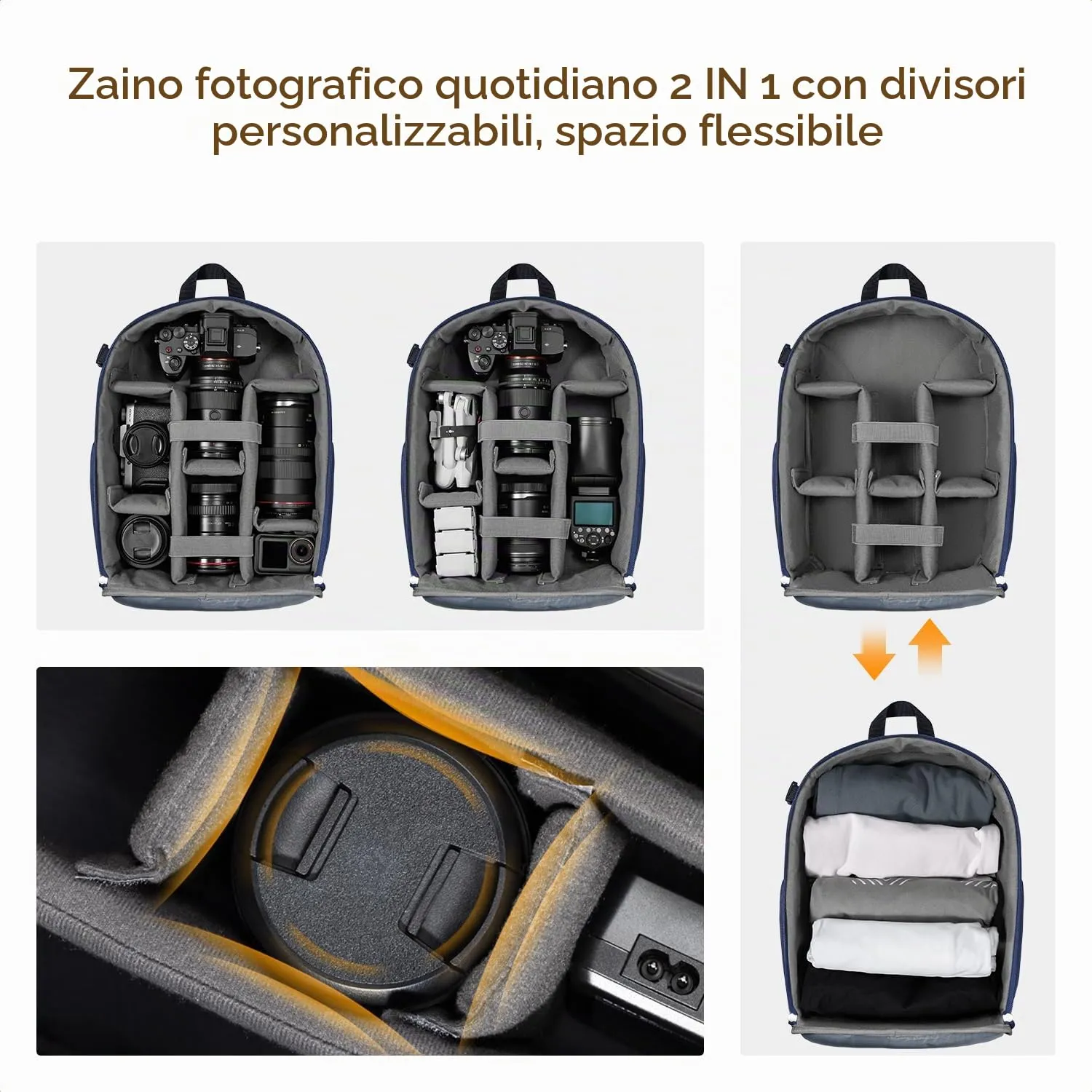 K&F CONCEPT Zaino Foto Compatto 13L Parapioggia Impermeabile - Blu Scuro - immagine 7