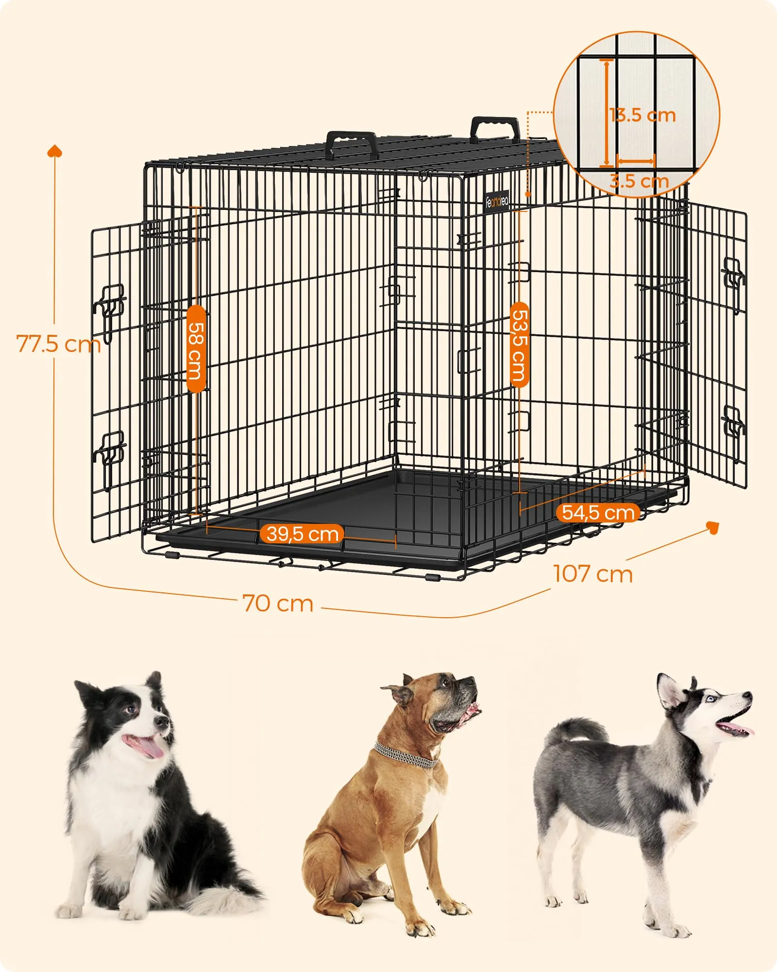 Feandrea Gabbia per Cani Pieghevole con 2 Porte, Divisorio e Vassoio Rimovibile, 107 x 70 x 77,5 cm, XL, Nero PPD42BK - immagine 6
