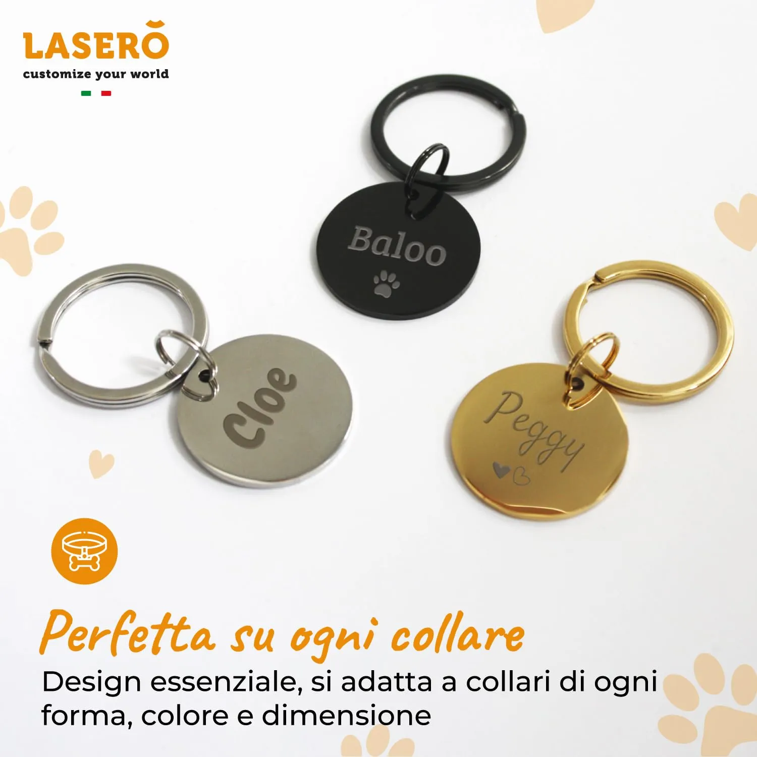 LASERO' Medaglietta Cane e Gatto Personalizzata Tonda in Acciaio, 3 Colori (Nero, Argento, Oro) - immagine 2
