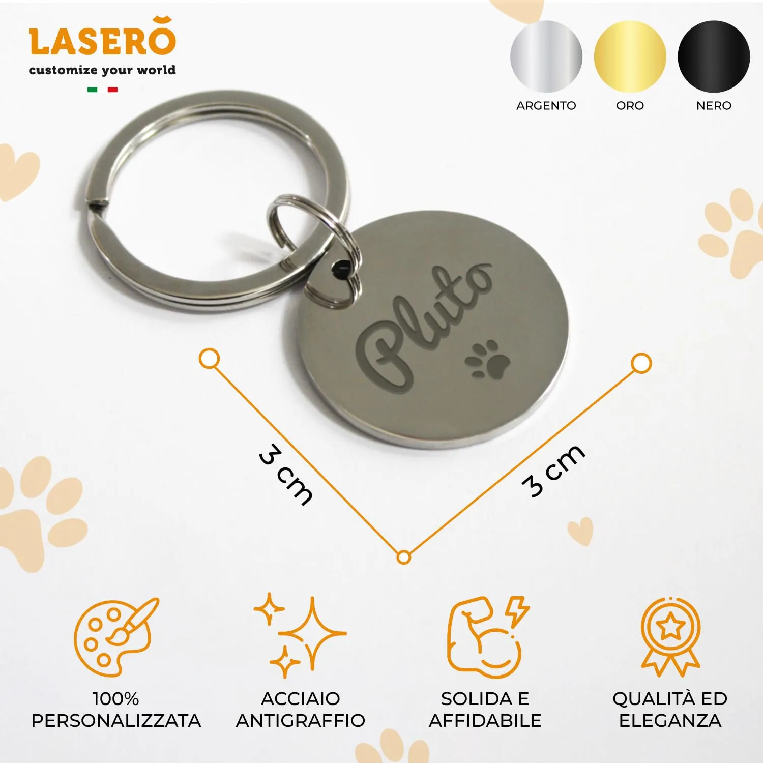 LASERO' Medaglietta Cane e Gatto Personalizzata Tonda in Acciaio, 3 Colori (Nero, Argento, Oro) - immagine 4