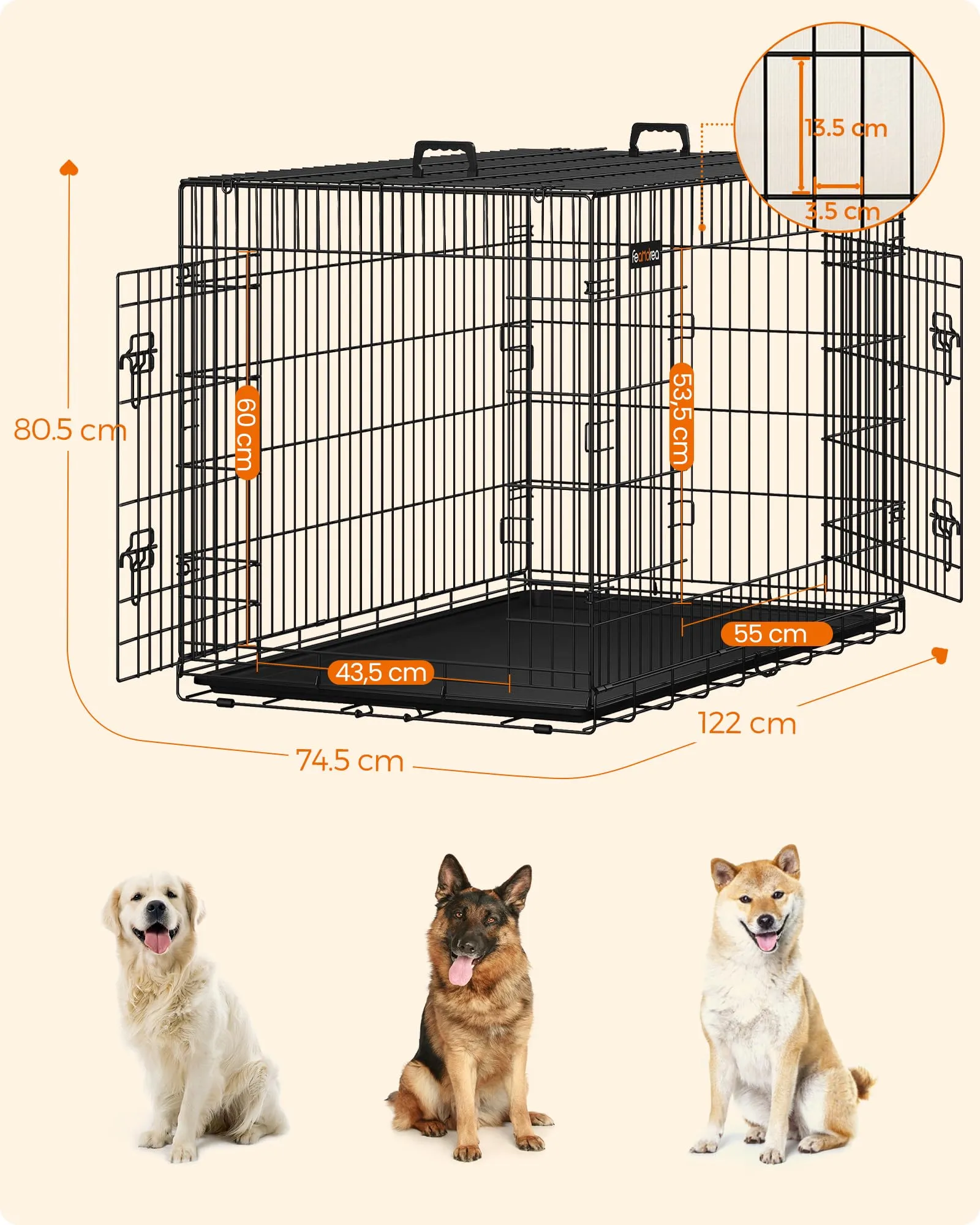 Feandrea Gabbia per Cani Pieghevole con 2 Porte, Divisorio e Vassoio Rimovibile, 122 x 74,5 x 80,5 cm, XXL, Nero PPD48BK - immagine 6