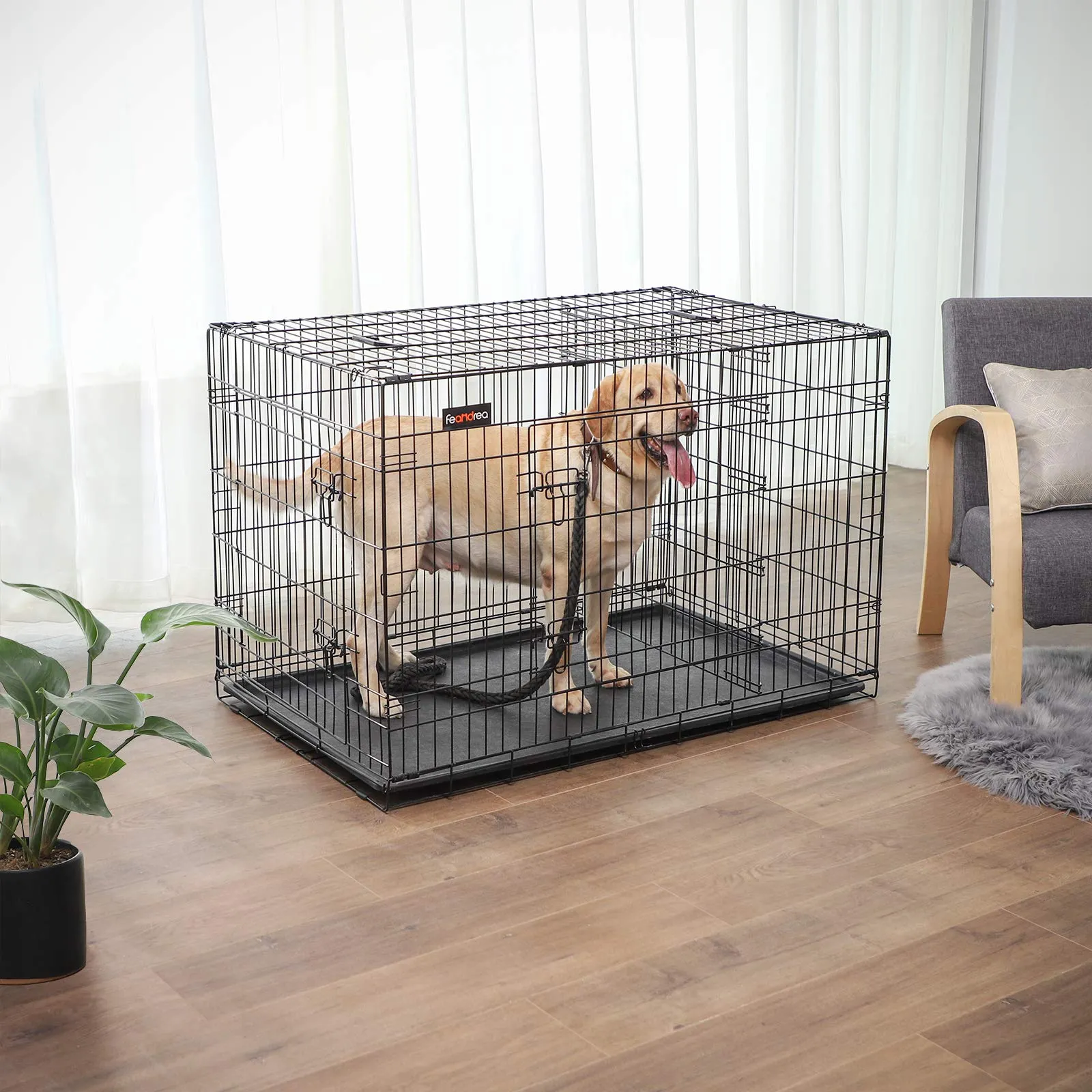 Feandrea Gabbia per Cani Pieghevole con 2 Porte, Divisorio e Vassoio Rimovibile, 122 x 74,5 x 80,5 cm, XXL, Nero PPD48BK - immagine 9