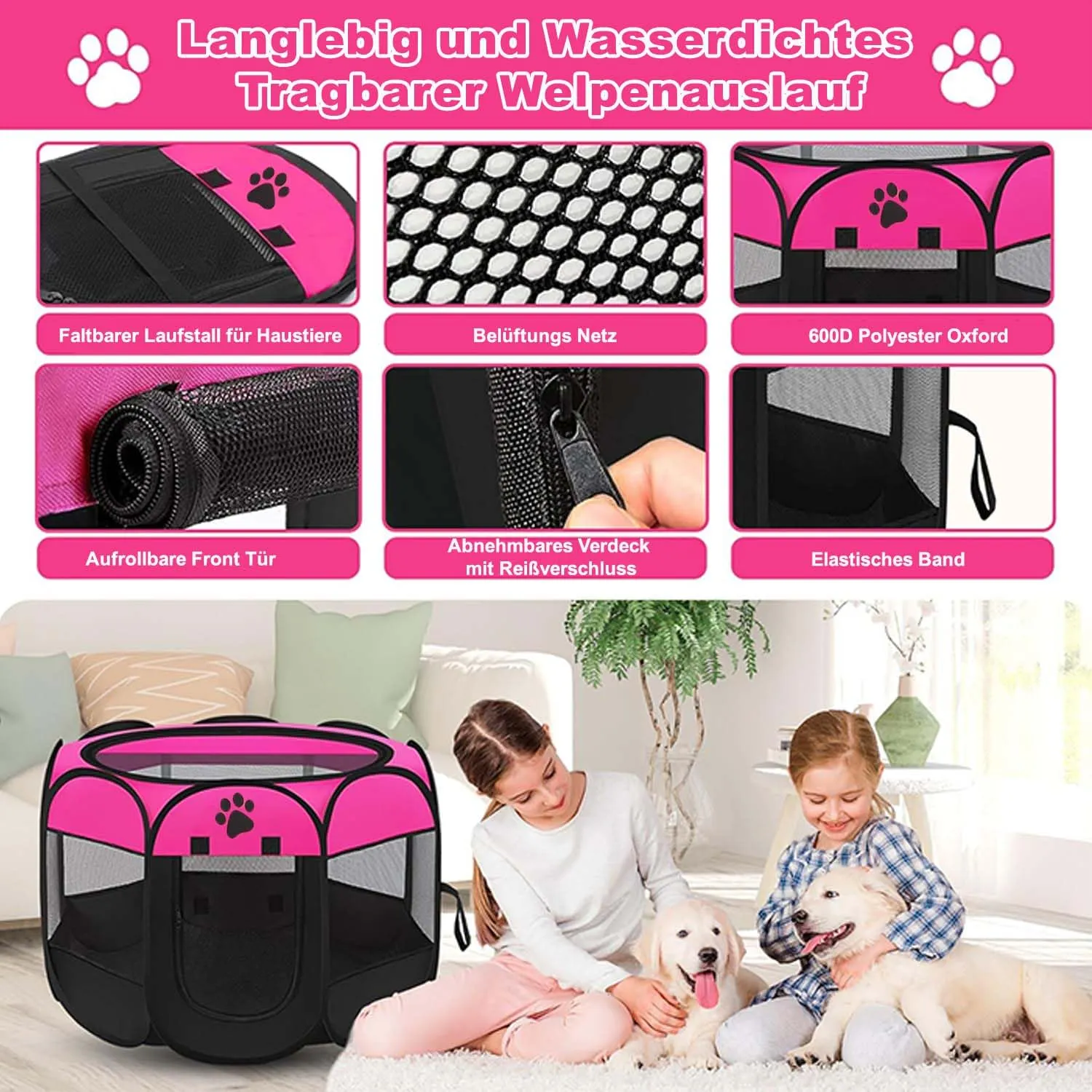 Exquilnova Beccuccioolo Portatile per Animali, 74 x 74 x 43 cm, Pieghevole, Tessuto Oxford Impermeabile, Rosa - immagine 3