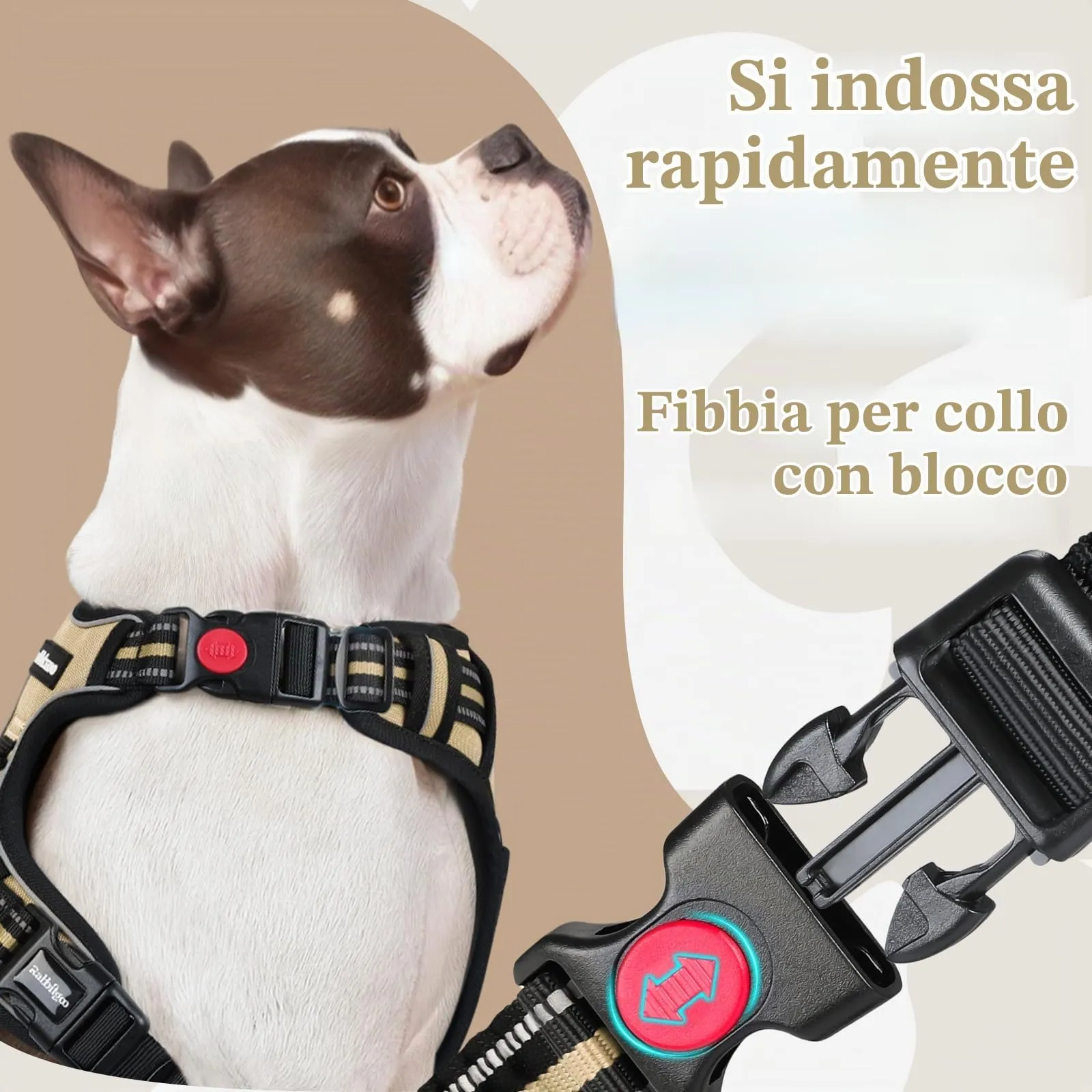 rabbitgoo Pettorina Cane Antifuga ad H con Maniglia e Bande Riflettenti, Cachi, L - immagine 3