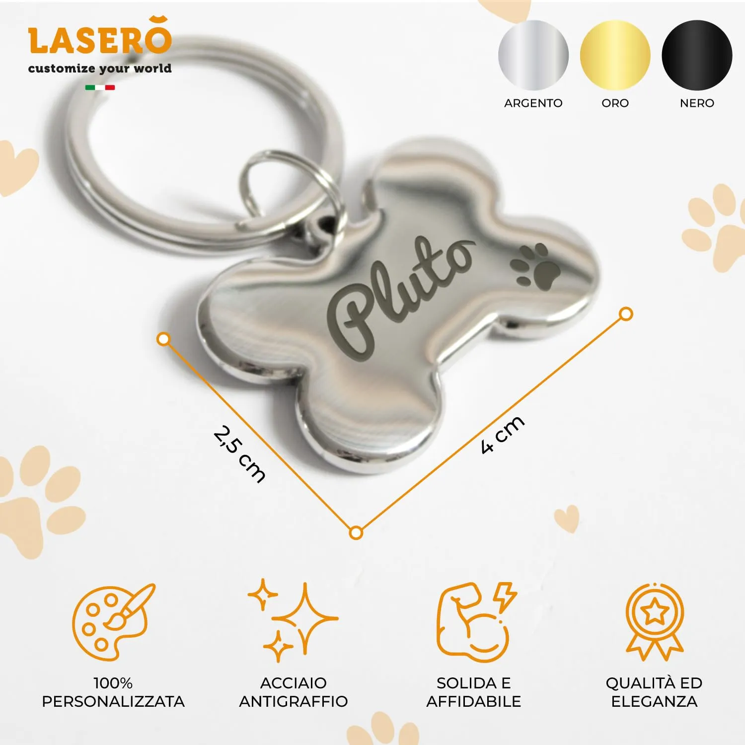 LASERO Medaglietta Cane Personalizzata a Forma di Osso Bombato in Acciaio 40×25 mm, 30g (Argento, Nero, Oro) - immagine 2