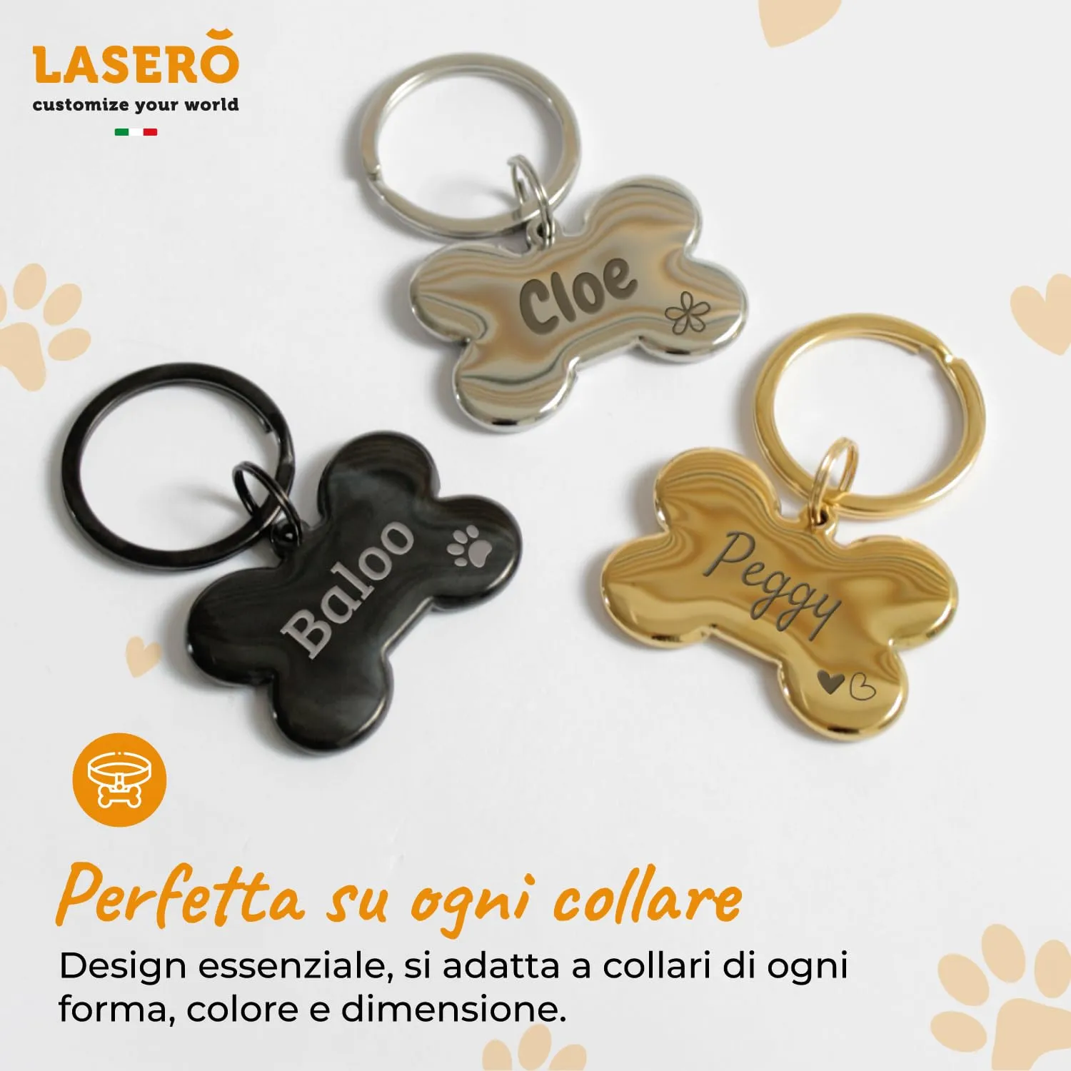 LASERO Medaglietta Cane Personalizzata a Forma di Osso Bombato in Acciaio 40×25 mm, 30g (Argento, Nero, Oro) - immagine 4