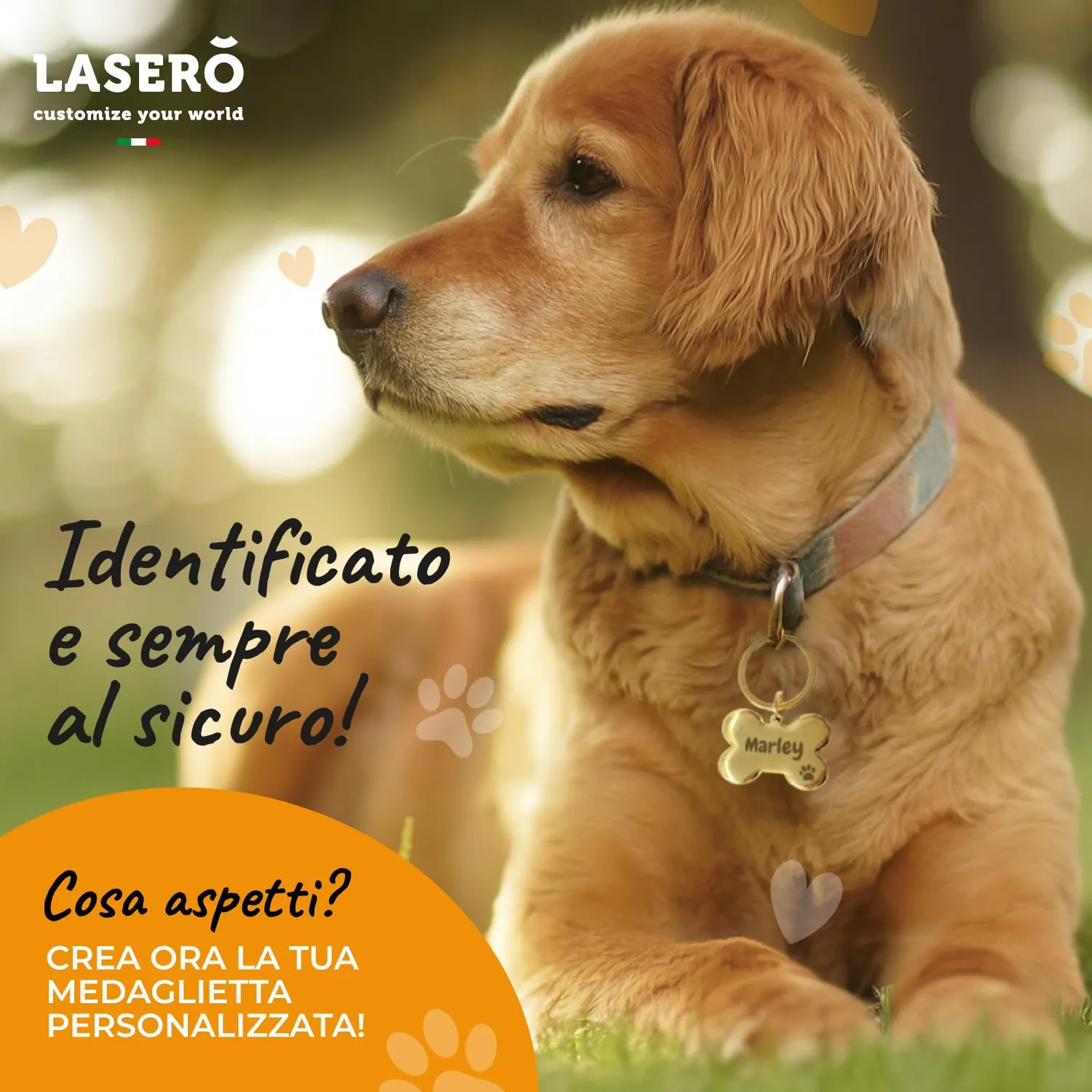 LASERO Medaglietta Cane Personalizzata a Forma di Osso Bombato in Acciaio 40×25 mm, 30g (Argento, Nero, Oro) - immagine 6