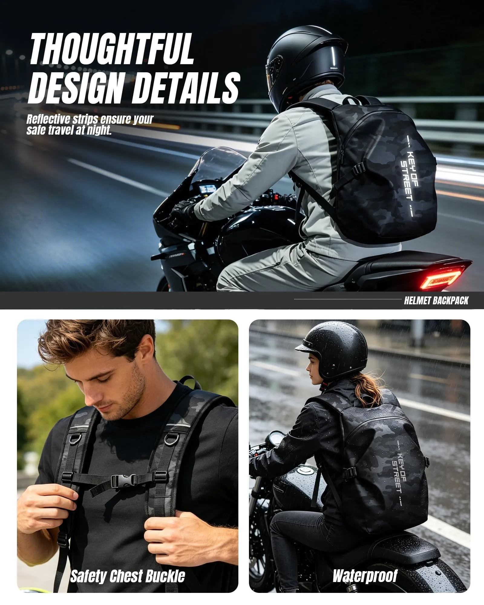 HYC00 Zaino Moto Impermeabile Riflettente per Casco Uomo Donna - immagine 5