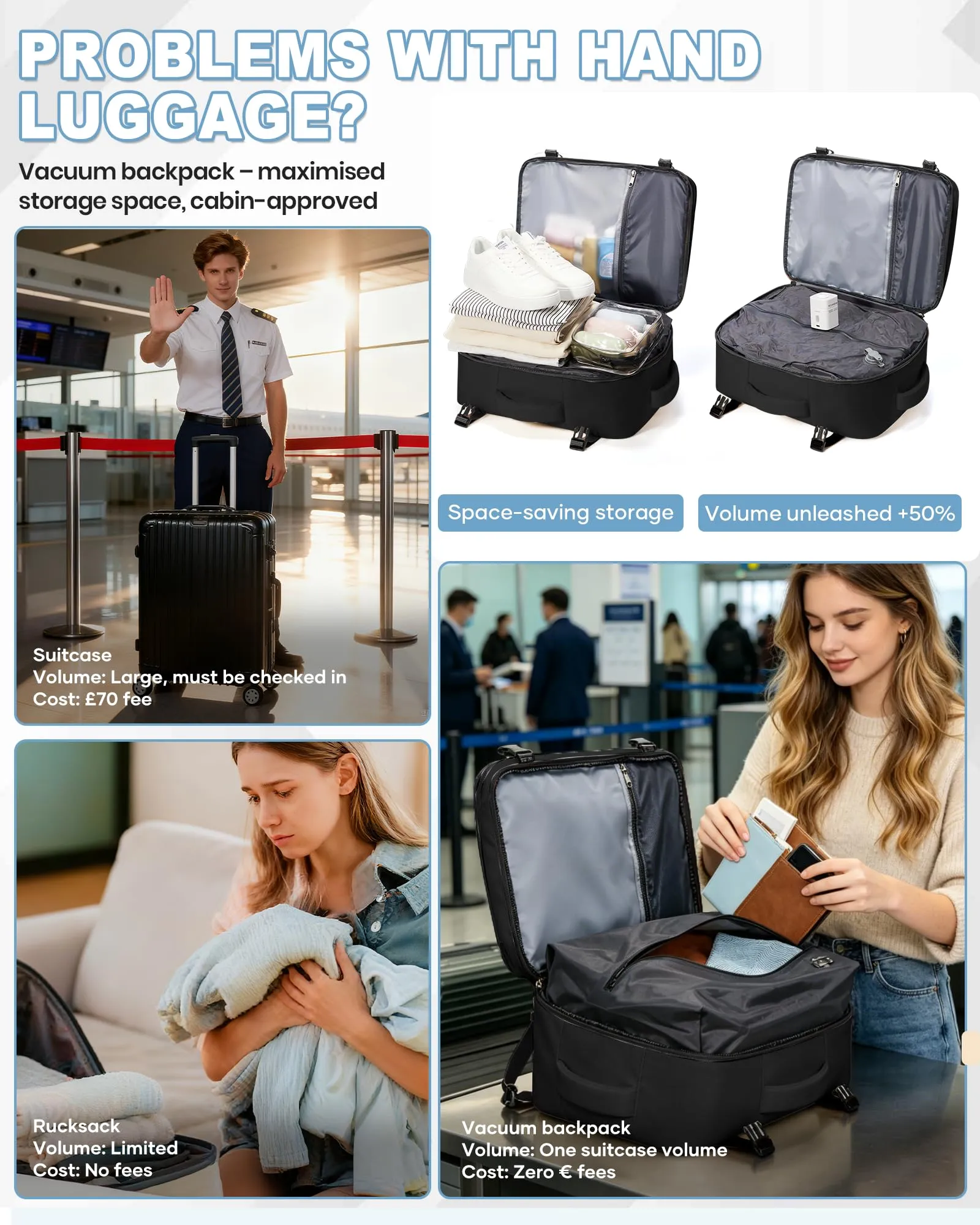 SZLX Zaino da Viaggio Sottovuoto con Pompa 40x30x20 per Ryanair Wizzair Bagaglio a Mano, Impermeabile con Scomparto per Laptop 14 Pollici e Scomparto per Scarpe - immagine 7