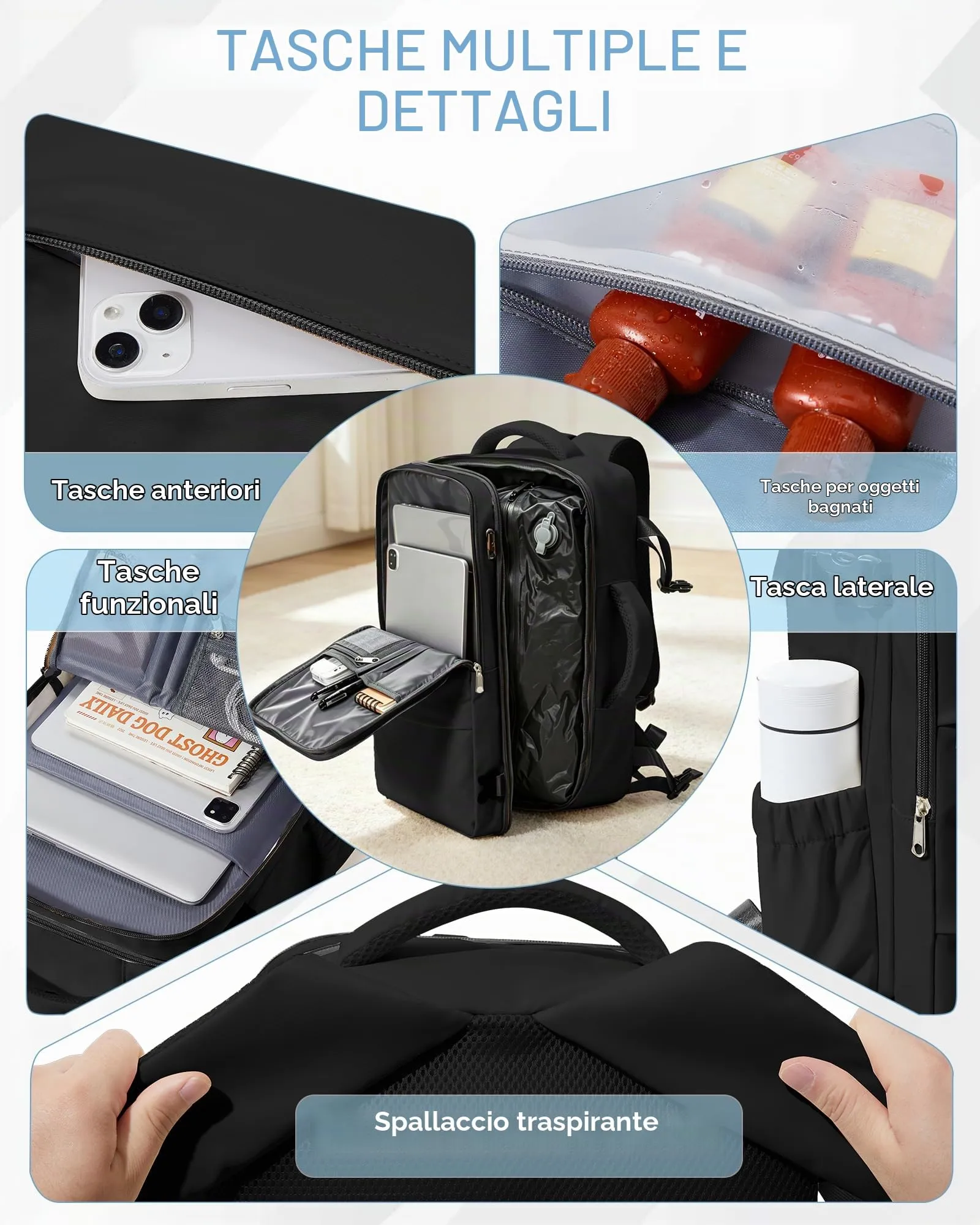 SZLX Zaino da Viaggio Sottovuoto con Pompa 40x30x20 per Ryanair Wizzair Bagaglio a Mano, Impermeabile con Scomparto per Laptop 14 Pollici e Scomparto per Scarpe - immagine 9
