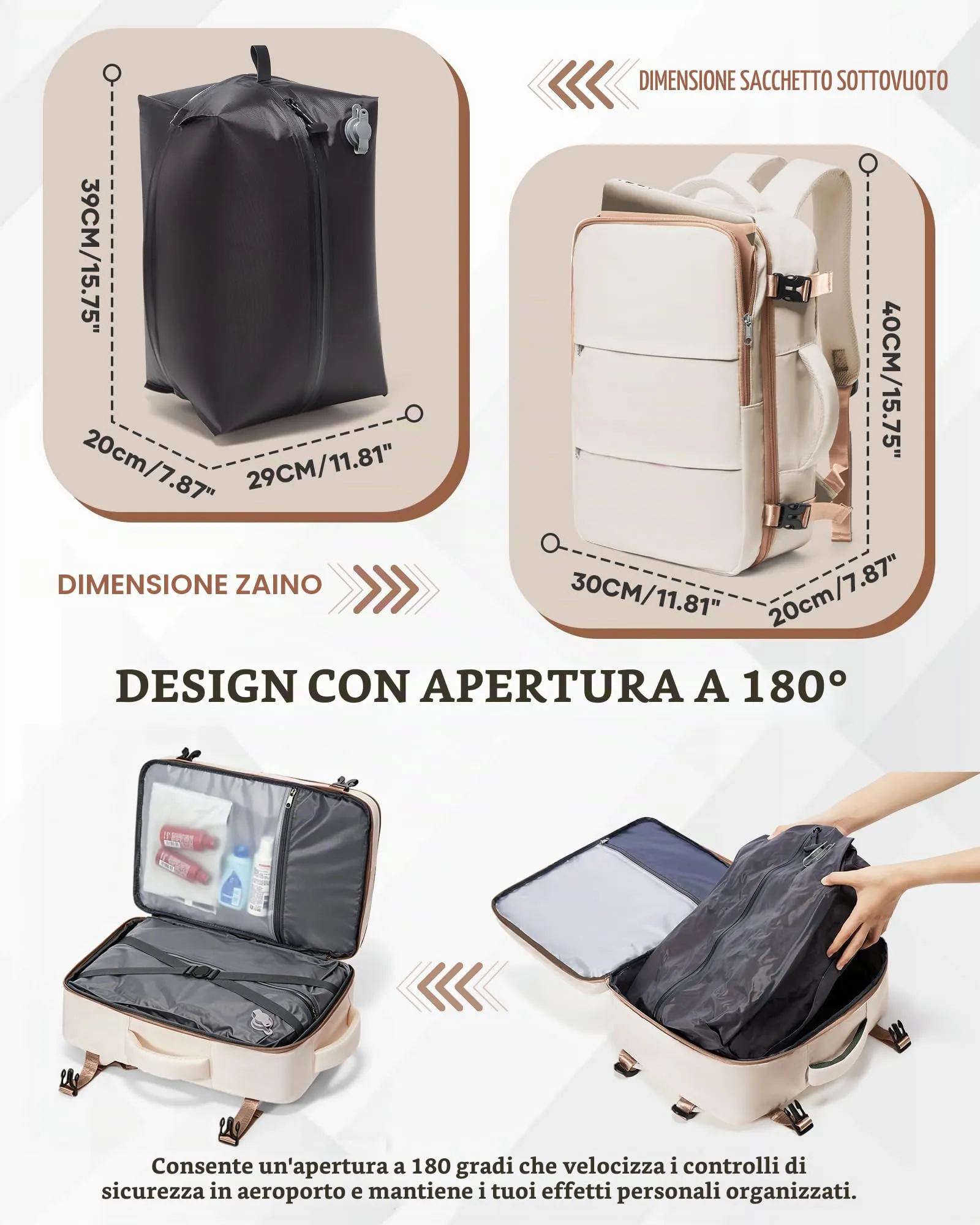 SZLX Zaino da Viaggio Sottovuoto con Pompa 40x30x20 Ryanair Wizzair Bagaglio a Mano Impermeabile con Scomparto per Scarpe e Laptop 14 Pollici - immagine 4