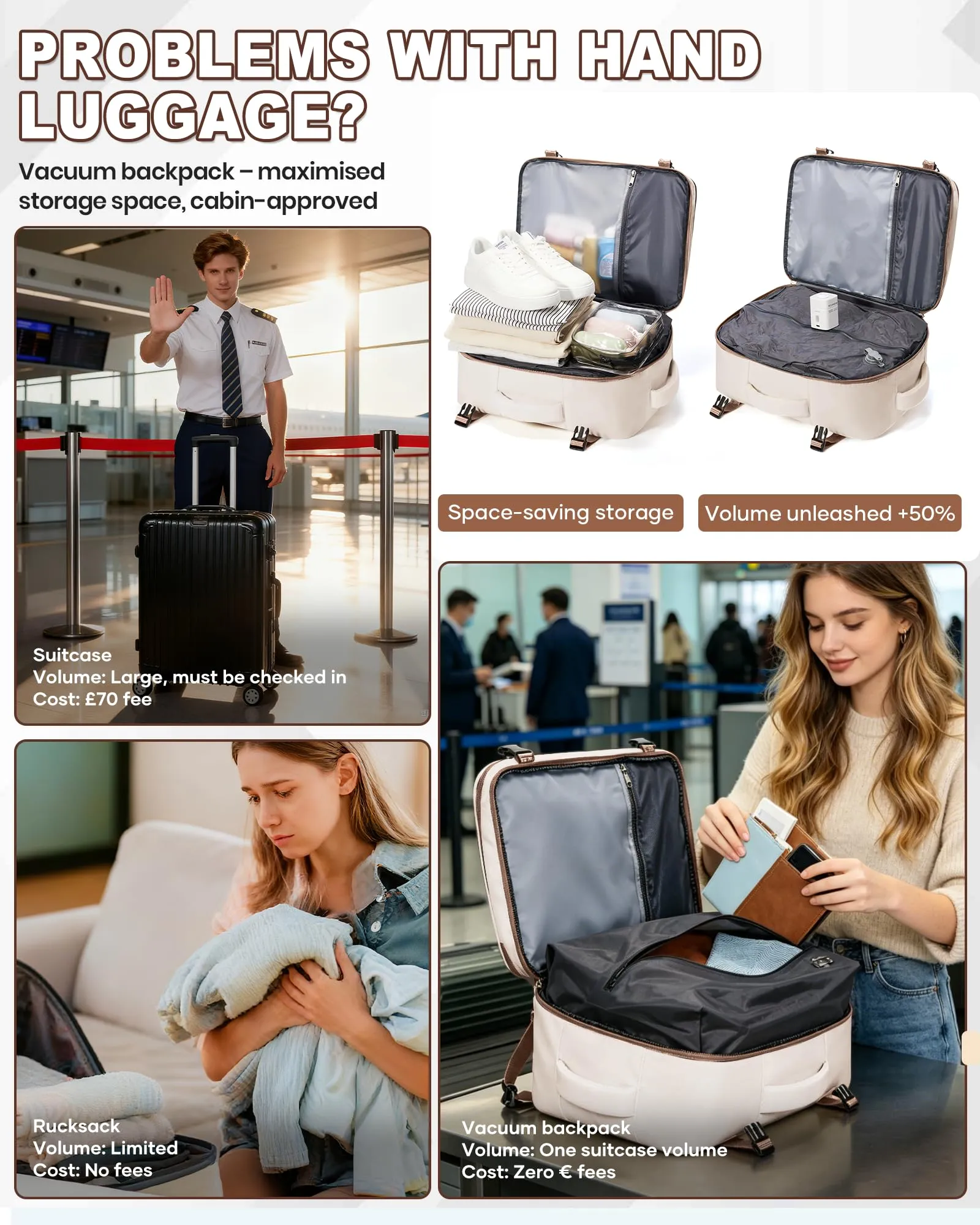 SZLX Zaino da Viaggio Sottovuoto con Pompa 40x30x20 Ryanair Wizzair Bagaglio a Mano Impermeabile con Scomparto per Scarpe e Laptop 14 Pollici - immagine 7