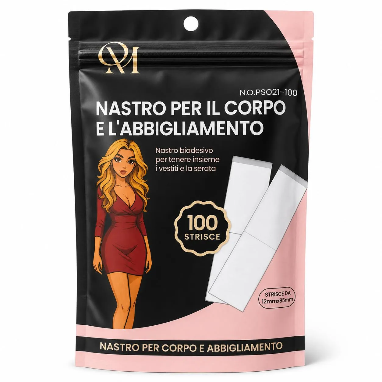QM Nastro Biadesivo per Abbigliamento, 12 mm x 85 mm, Trasparente per Vestiti, Pelle e Tessuti - immagine 1