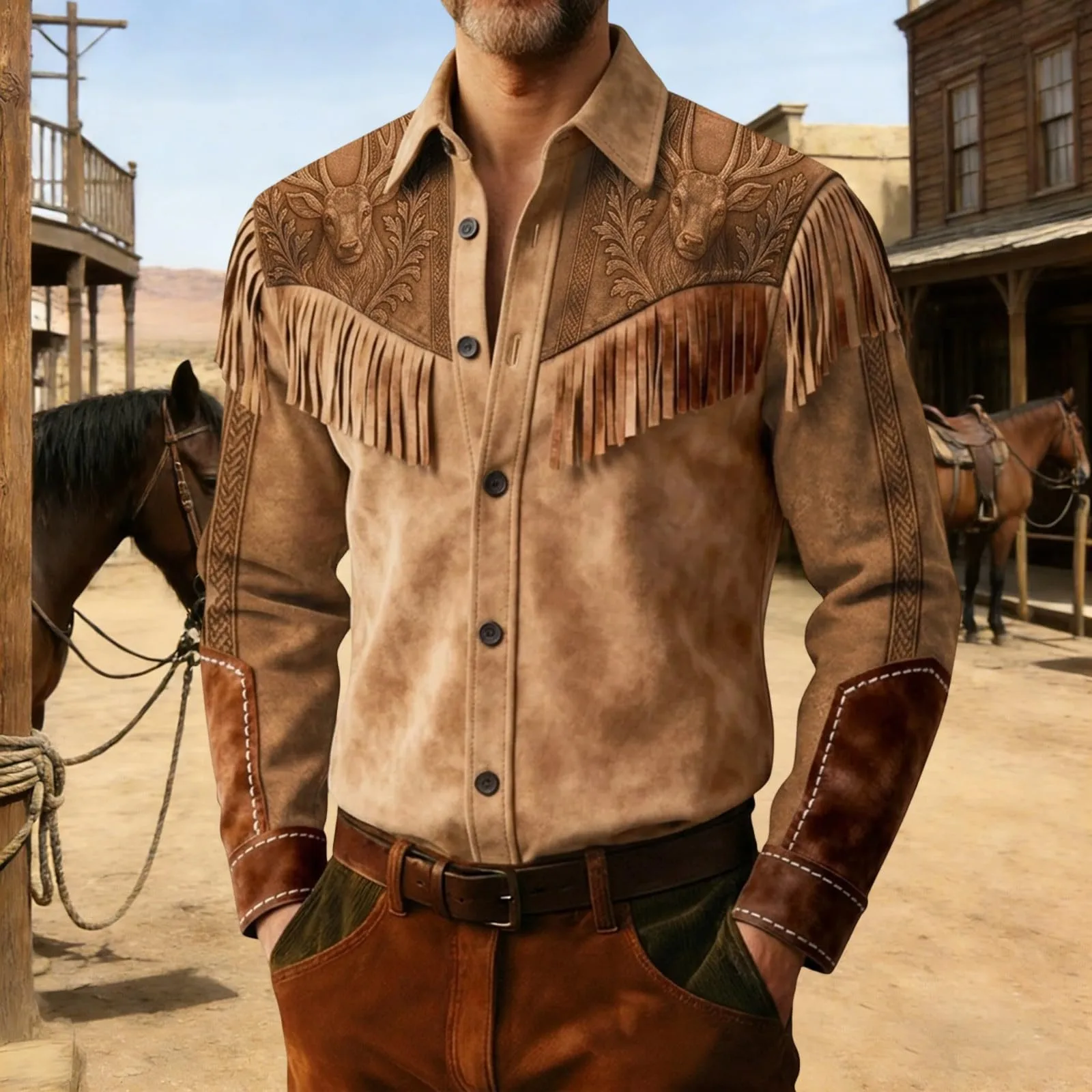 Generico Camicia Western Uomo Stile Cowboy con Frange, Maniche Lunghe, Marrone, L - immagine 3