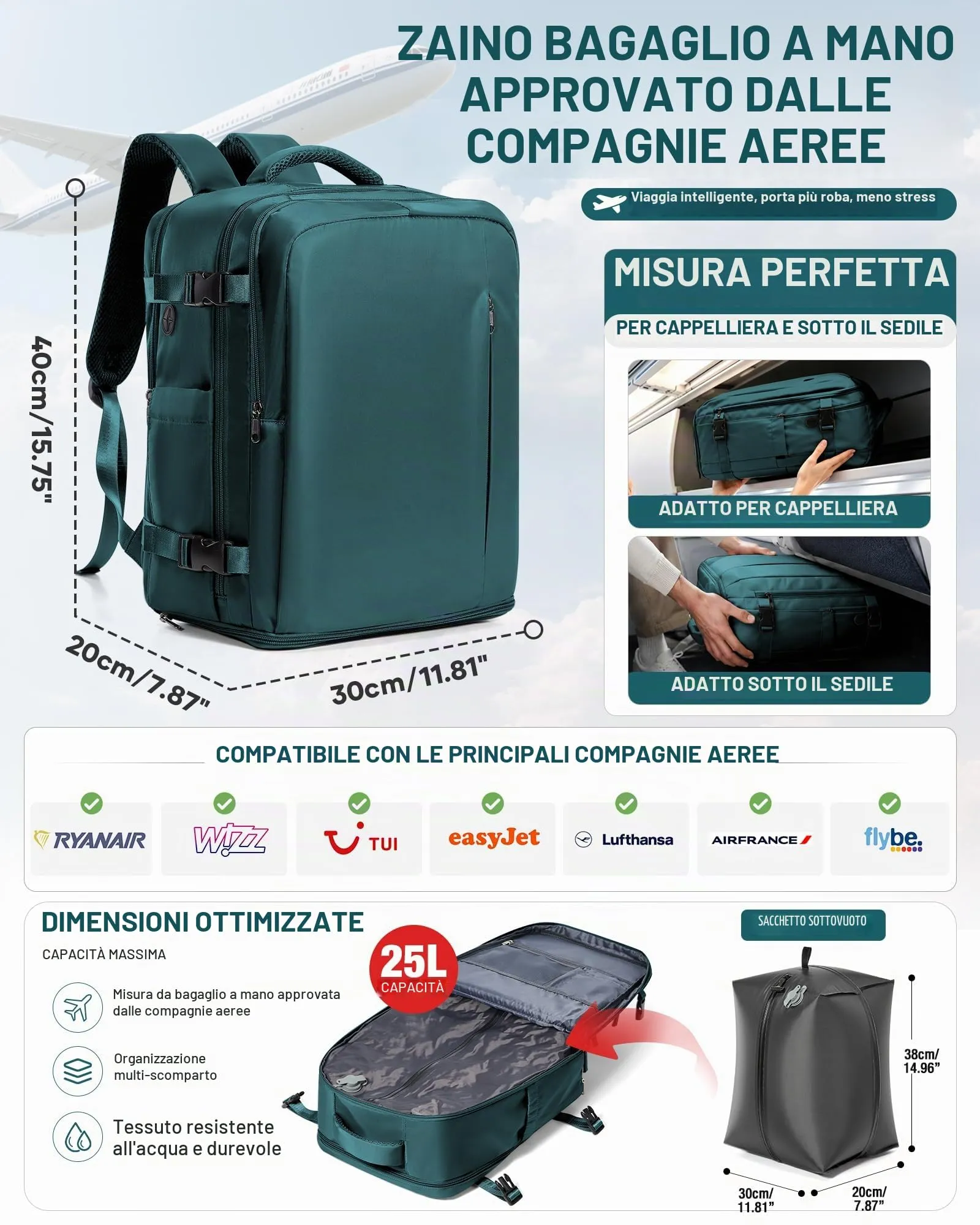 BJLFS Zaino da Viaggio Ryanair 40x30x20 Sottovuoto con Pompa Elettrica - immagine 2