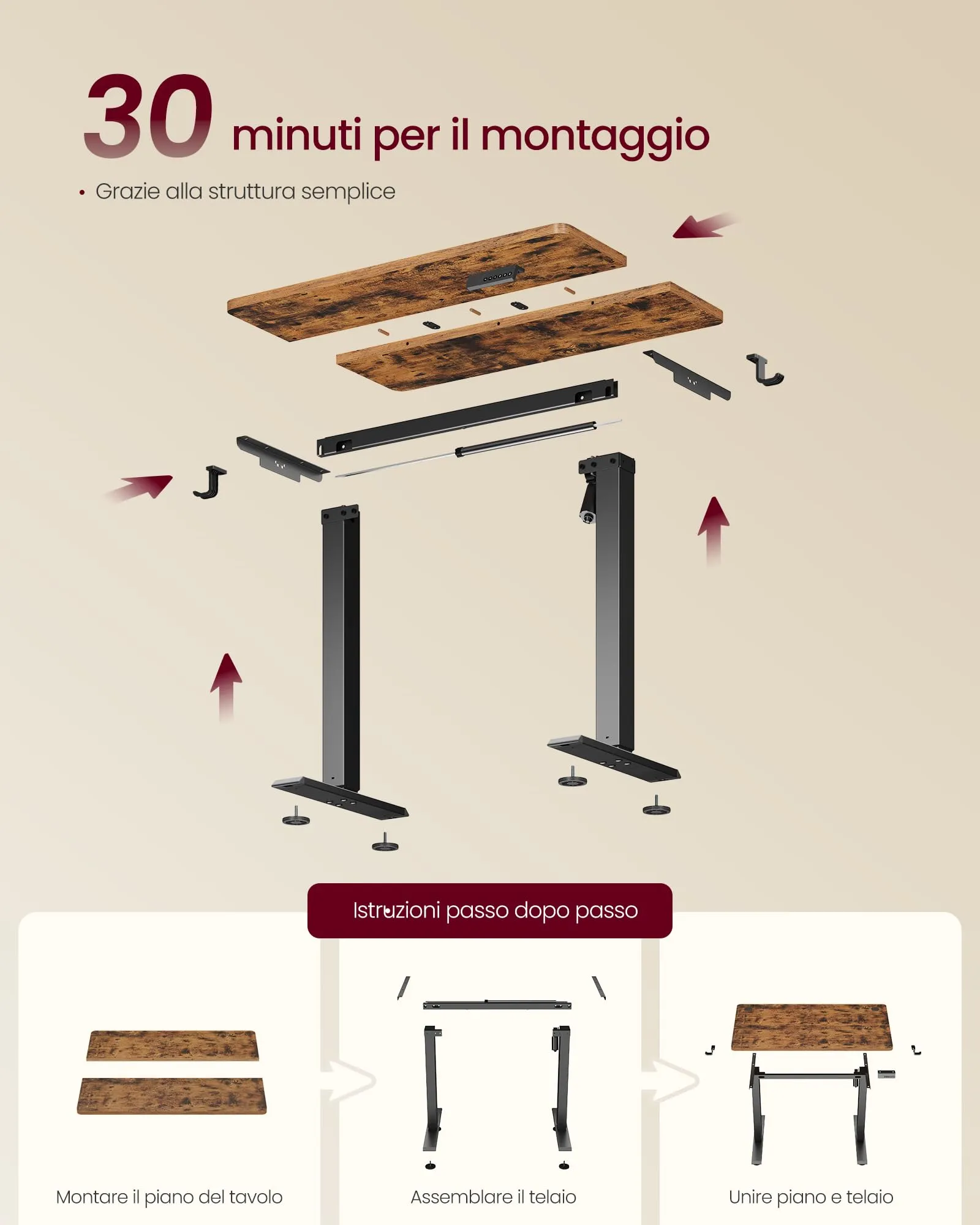 VASAGLE Scrivania Elettrica Regolabile in Altezza, 80x50x(72-120) cm, Marrone Vintage - immagine 7