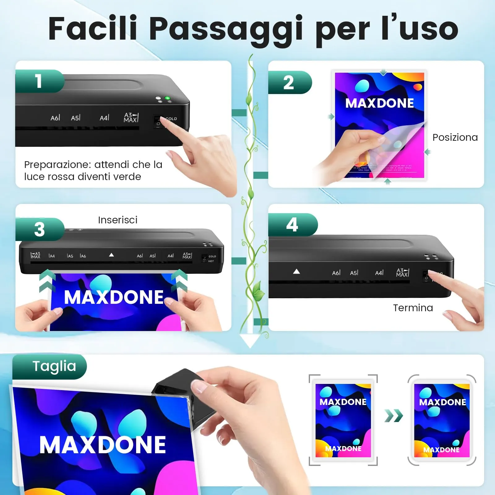 MAXDONE Plastificatrice A3 5-in-1 Laminatrice a Caldo e a Freddo con 60 Sacchetti - immagine 8