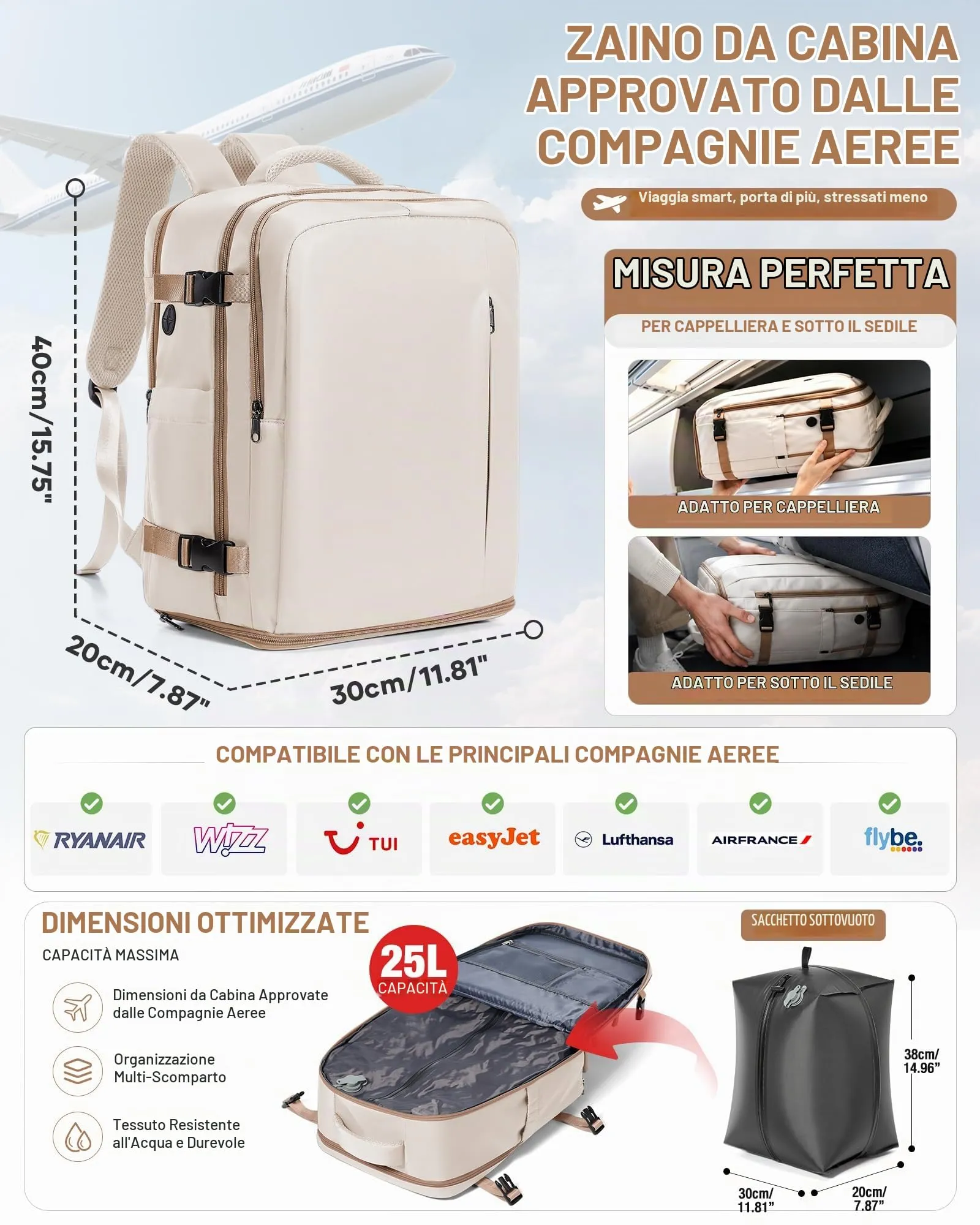 BJLFS Zaino da Viaggio Ryanair 40x30x20 Sottovuoto con Pompa Elettrica - immagine 2